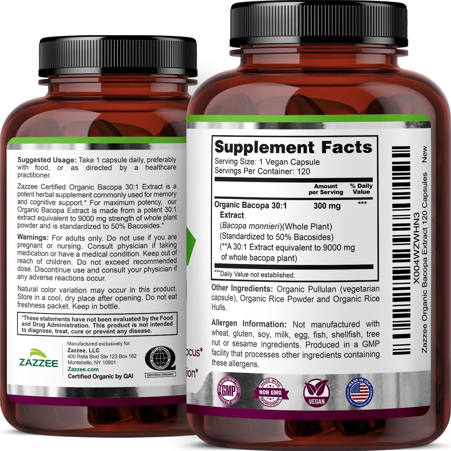Zazzee USDA Organic Bacopa 30:1 Extract, 50% Bacosides, 120 Vegan Capsules, 4 Month Supply, Bacopa Monnieri, Cognitive, Brain & Memory Support, Non-GMO, Organic Herbal Supplement, Made in the USA