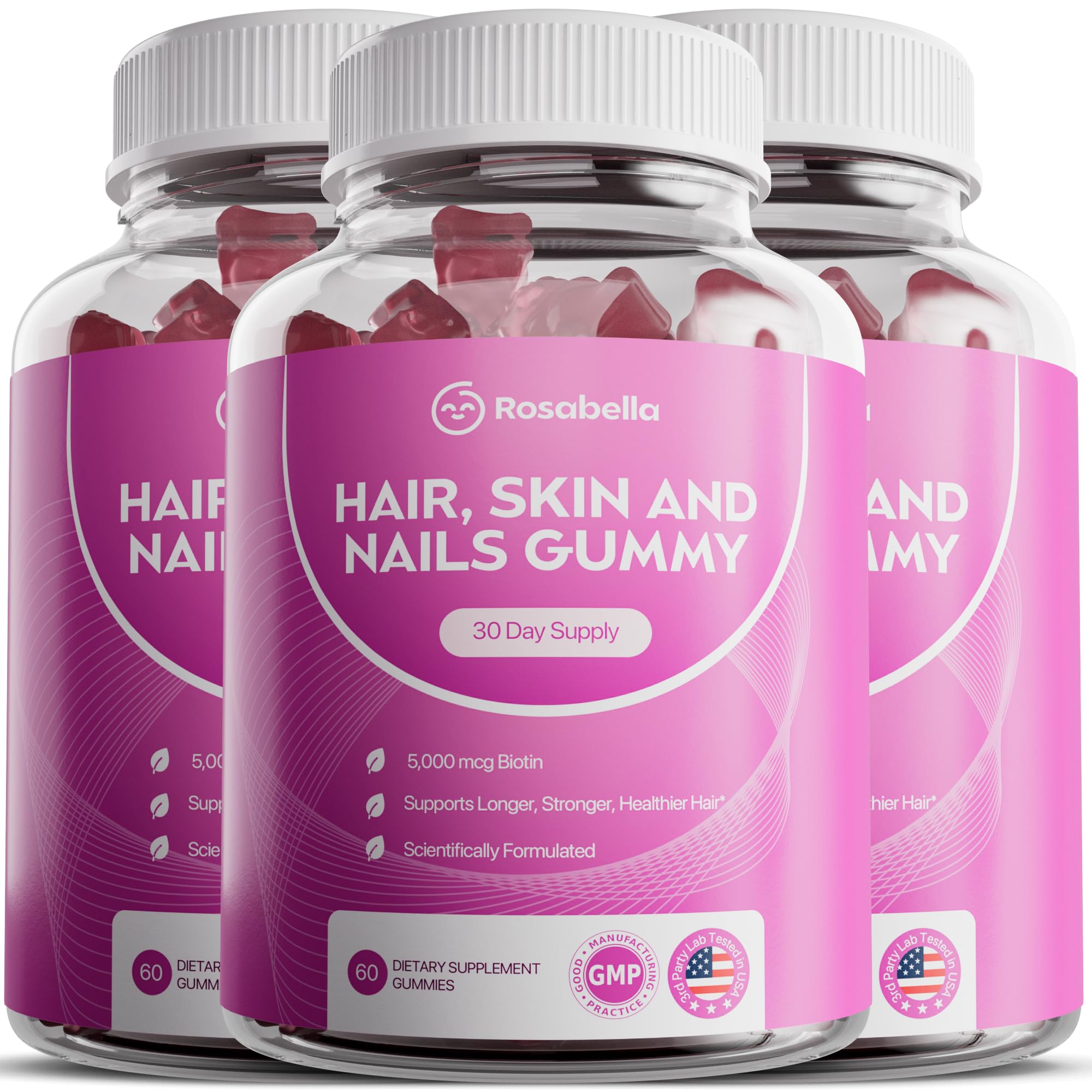 Rosabella Hair Growth Gummies for Women & Men – Vegan Hair Gummies with 5000mcg Biotin – Hair Vitamins for Strong, Healthy-Looking Hair – Gummy Biotin Supplement – 60 Count