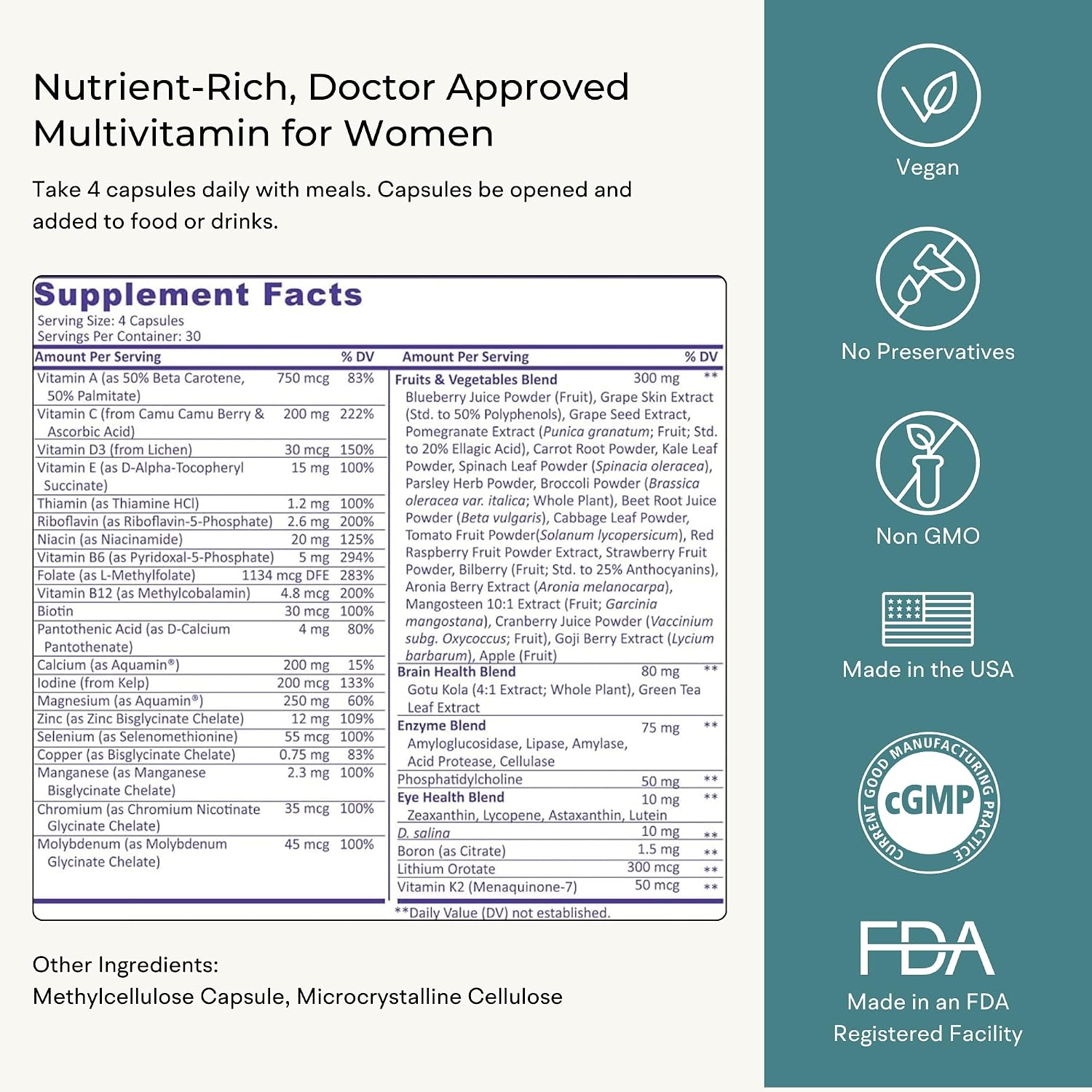 Multivitamin for Women (120 Vegetarian Capsules) Whole Food Vitamin with Essential Nutrients, Natural Calcium, Magnesium, Selenium, Zinc, Biotin, Vitamin A, B6, C, D3, E, K and More