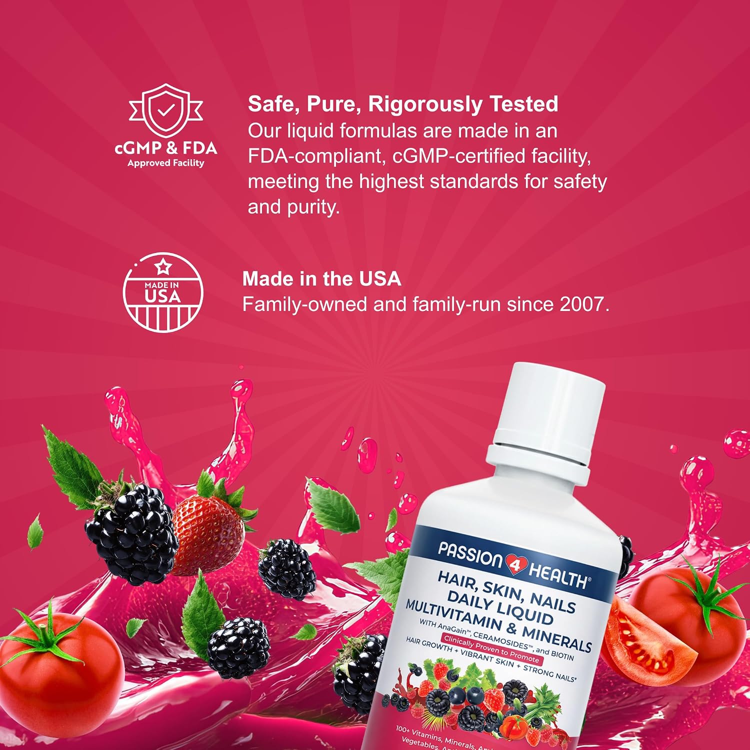 Passion 4 Health - Daily Liquid Multivitamin + Minerals (Radiant Berry Delight, Hair Skin Nails Liquid Multivitamin)
