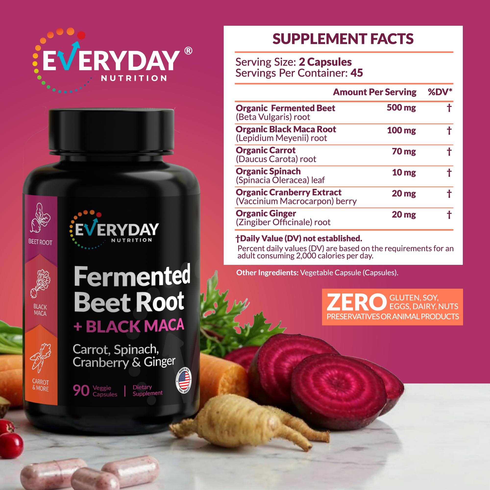 EVERYDAY NUTRITION Organic Fermented Beet Root & Black Maca Capsules with Carrot, Spinach, Cranberry & Ginger | Superfood for Energy, Stamina & Wellness | 90 Veggie Capsules | Made in USA EVERYDAY NUTRITIONBuy Supplements Australia