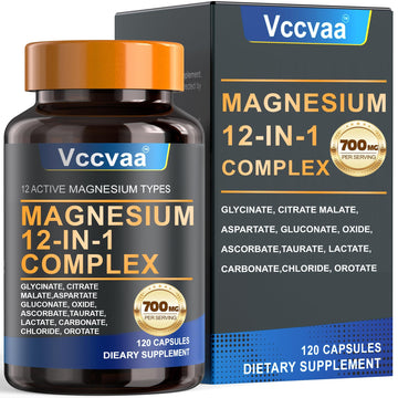Magnesium Complex 700mg – 12-in-1 Magnesium Supplement with Glycinate, Citrate, Malate, Oxide, Taurate & More – High Absorption for Muscle, Heart, Sleep, Bone, Nerve Support –120 Capsules VccvaaBuy Supplements Australia