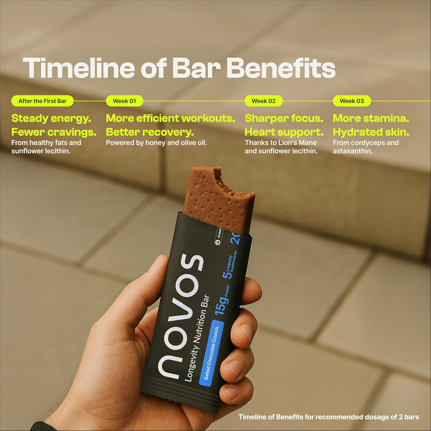 NOVOS Longevity Protein Bar Variety Pack (3 Flavors) – Peanut Butter, Mixed Berry Crunch & Salted Chocolate Crunch | 15g Protein, 20 Superfoods & Longevity Nutrients | Healthy Snack for Energy & Focus