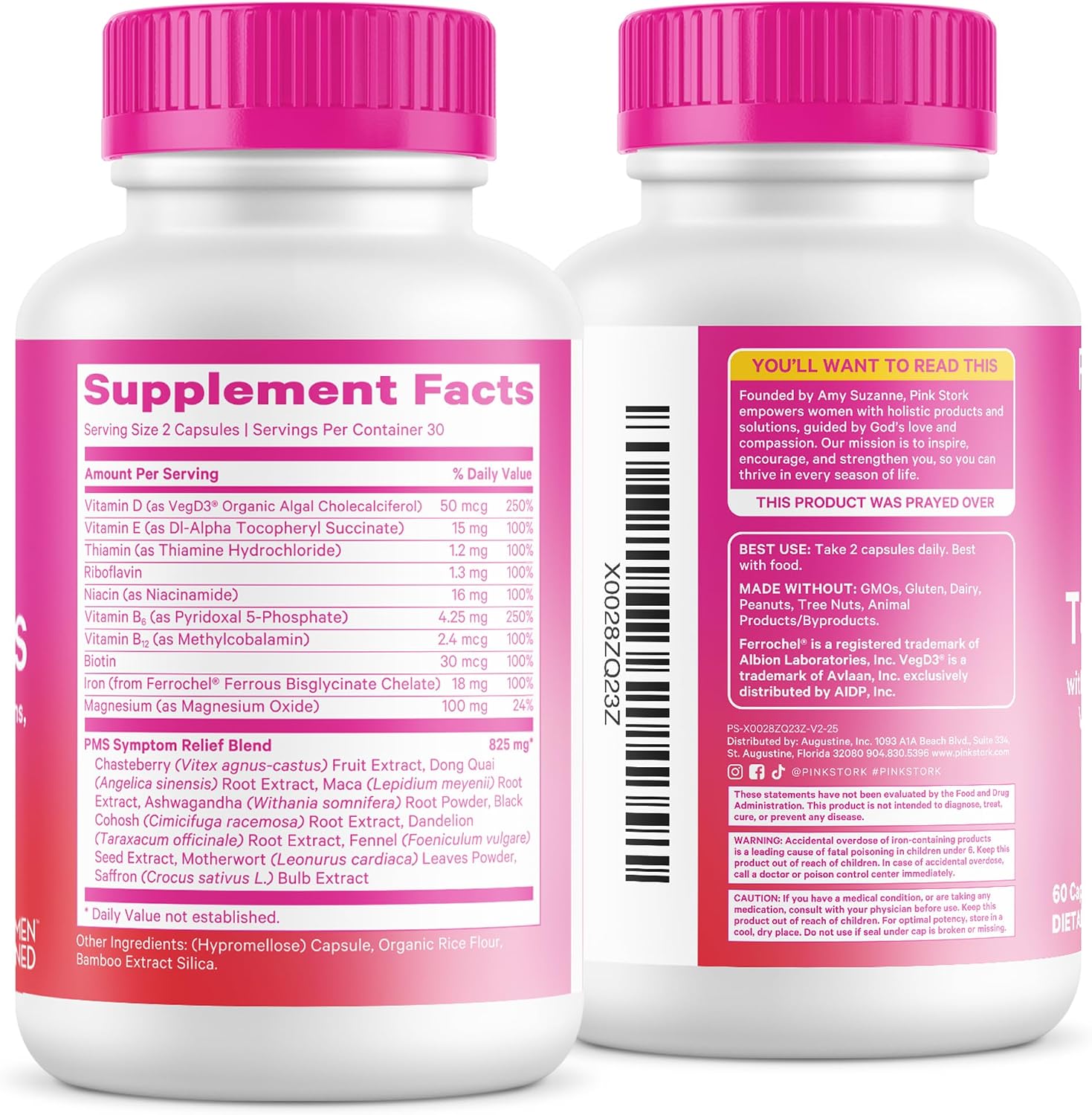 Pink Stork PMS Supplement for Women - Vitex, Ashwagandha, Maca Root & 10 Vitamins & Minerals to Support Hormone Balance, Mood, Bloating, Period Regularity - 60 Capsules