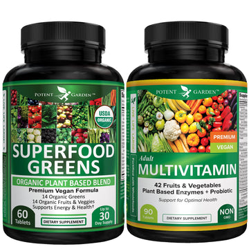 Two supplement bottles labeled 'Superfood Greens' and 'Adult Multivitamin' on a white background.