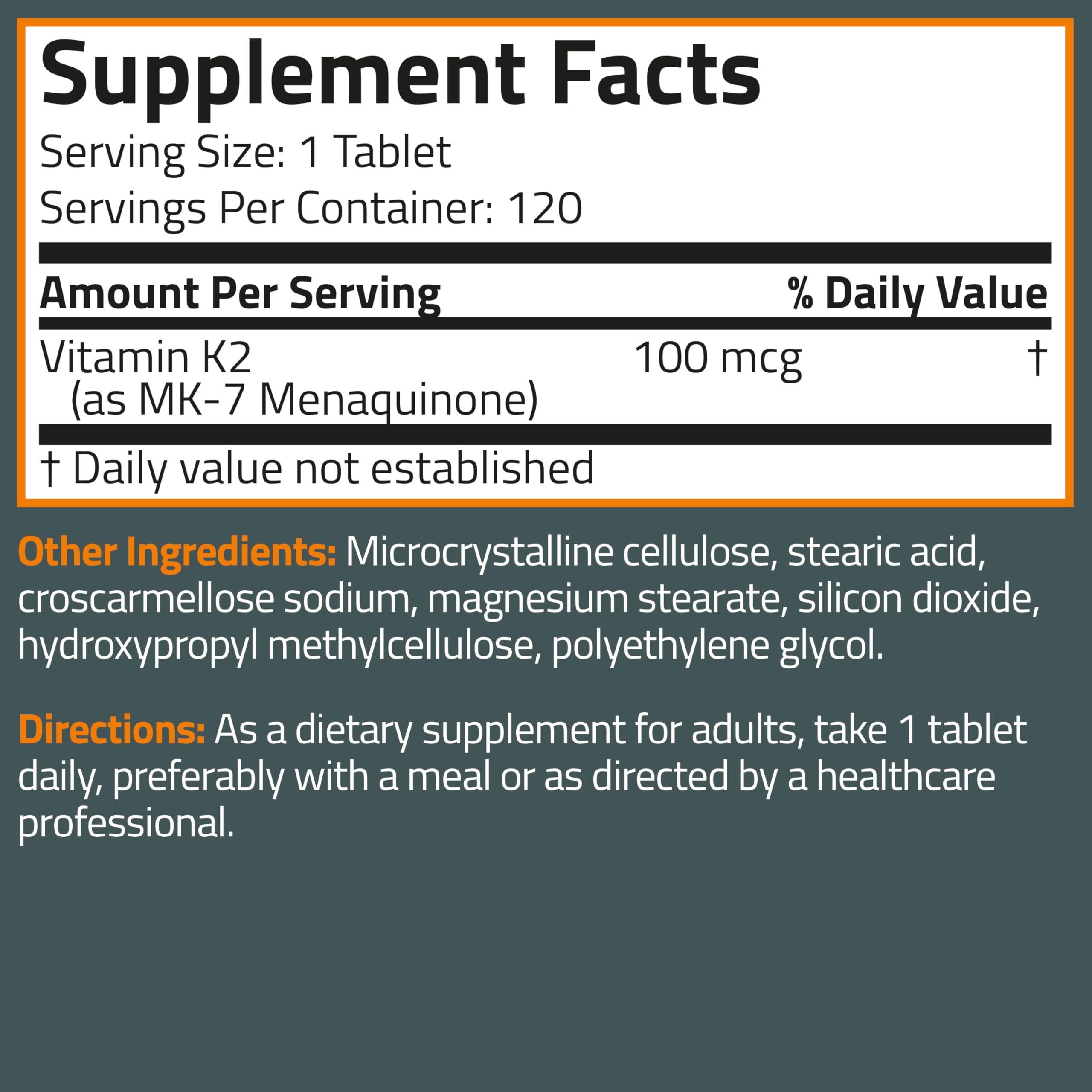 Bronson Vitamin K2 MK-7 100 MCG, K2 as MK7 Menaquinone, Bone Support Non-GMO, 120 Tablets