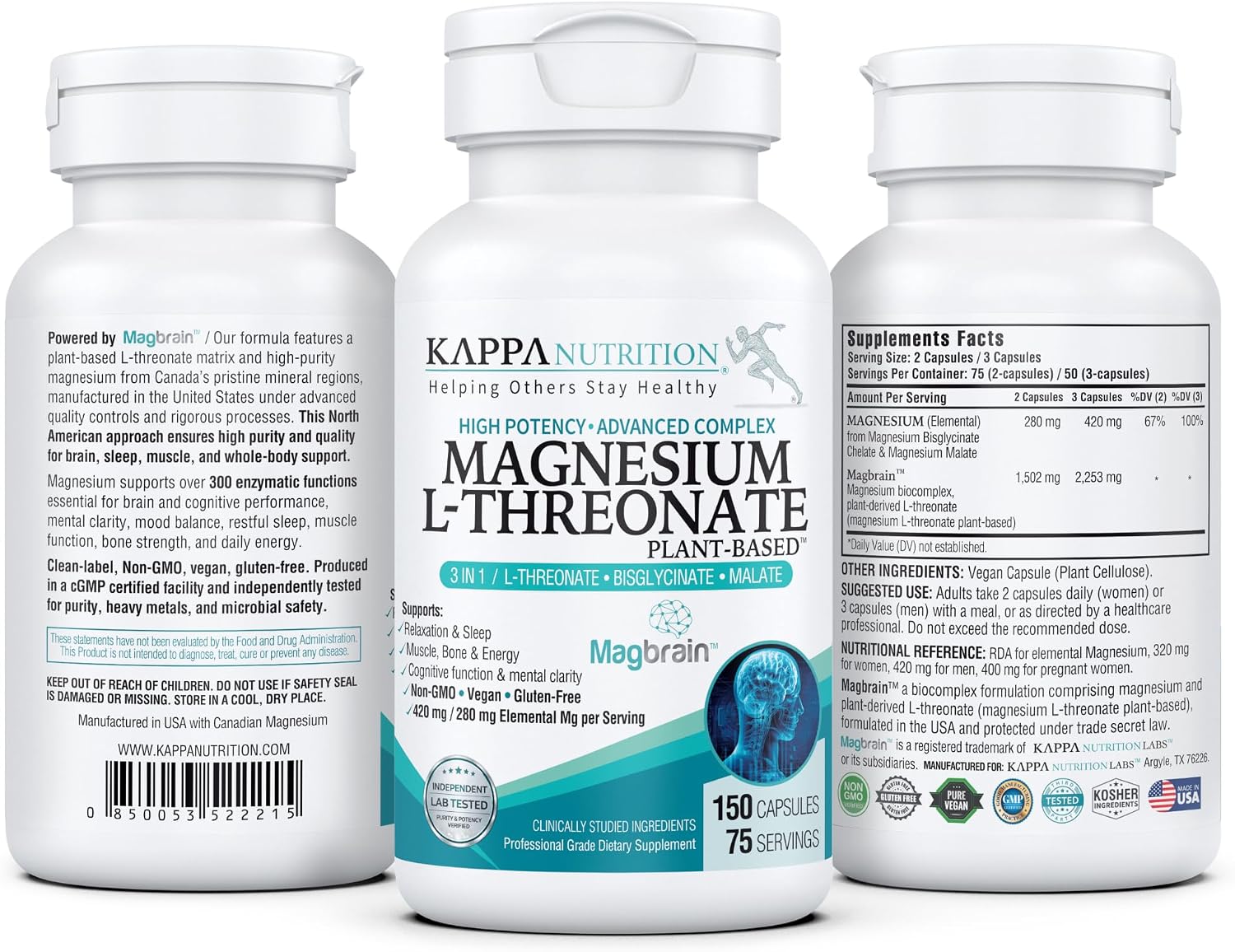 Magnesium L-Threonate Plant-Based 3 in 1 Powered by Magbrain® Magnesium L-Threonate Plant-Based | Magnesium Bisglycinate & Magnesium Malate | Up to 420 mg Elemental Magnesium | 150 Vegan Capsules.