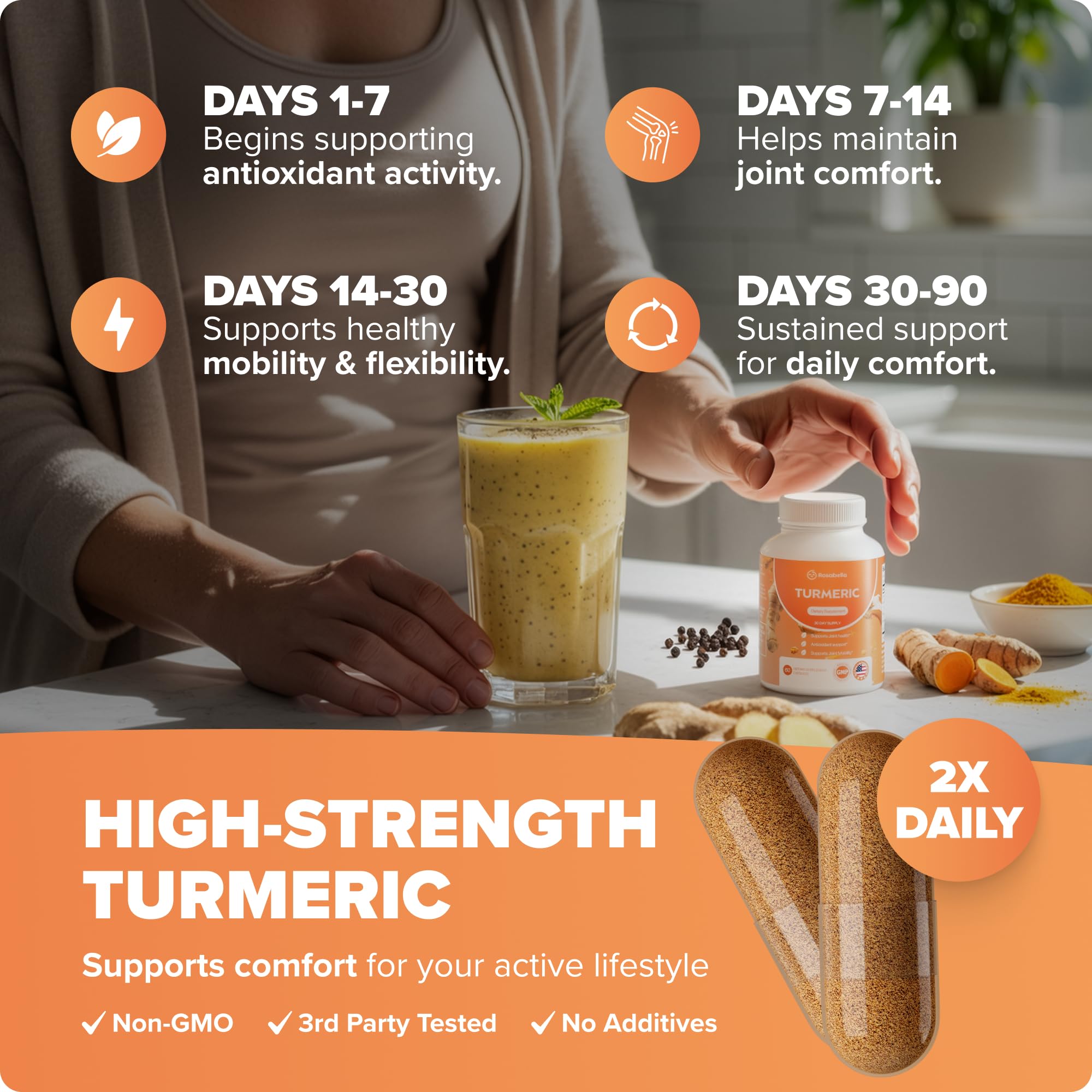 Rosabella Turmeric Curcumin Supplement – Organic Turmeric Supplement with BioPerine & Ginger, Turmeric Capsules for Joint Comfort, Mobility & Antioxidant Wellness – 60 Count (Pack of 1)