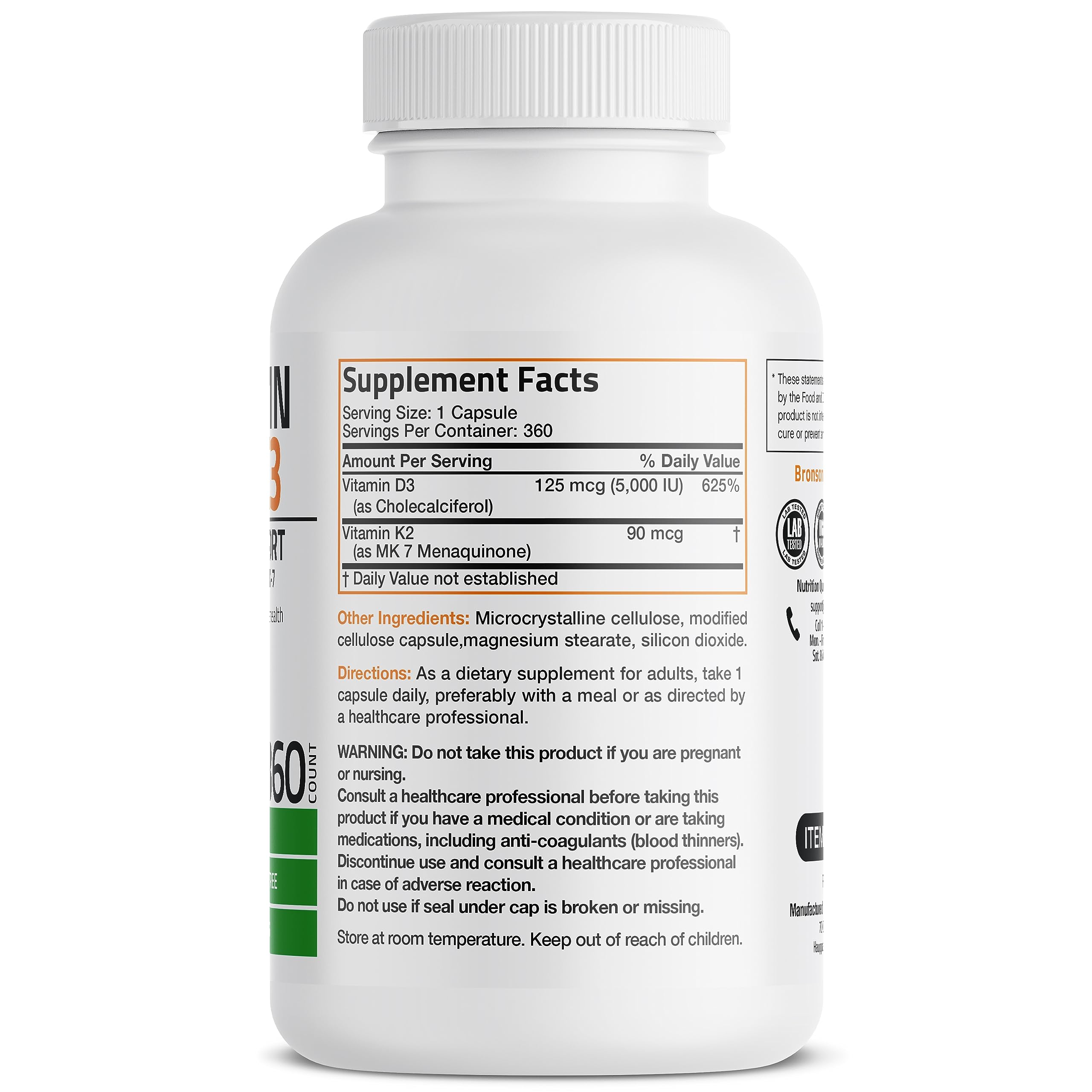 Bronson Vitamin K2 D3 (MK7) Supplement 2-in1 D3 & K2 Complex, 60 Capsules | Bone, Immune & Heart Health Support, Gluten Free, Soy Free, Non-GMO, Vitamin D3 5000IU (125 mcg) & 90 mcg K2 MK-7