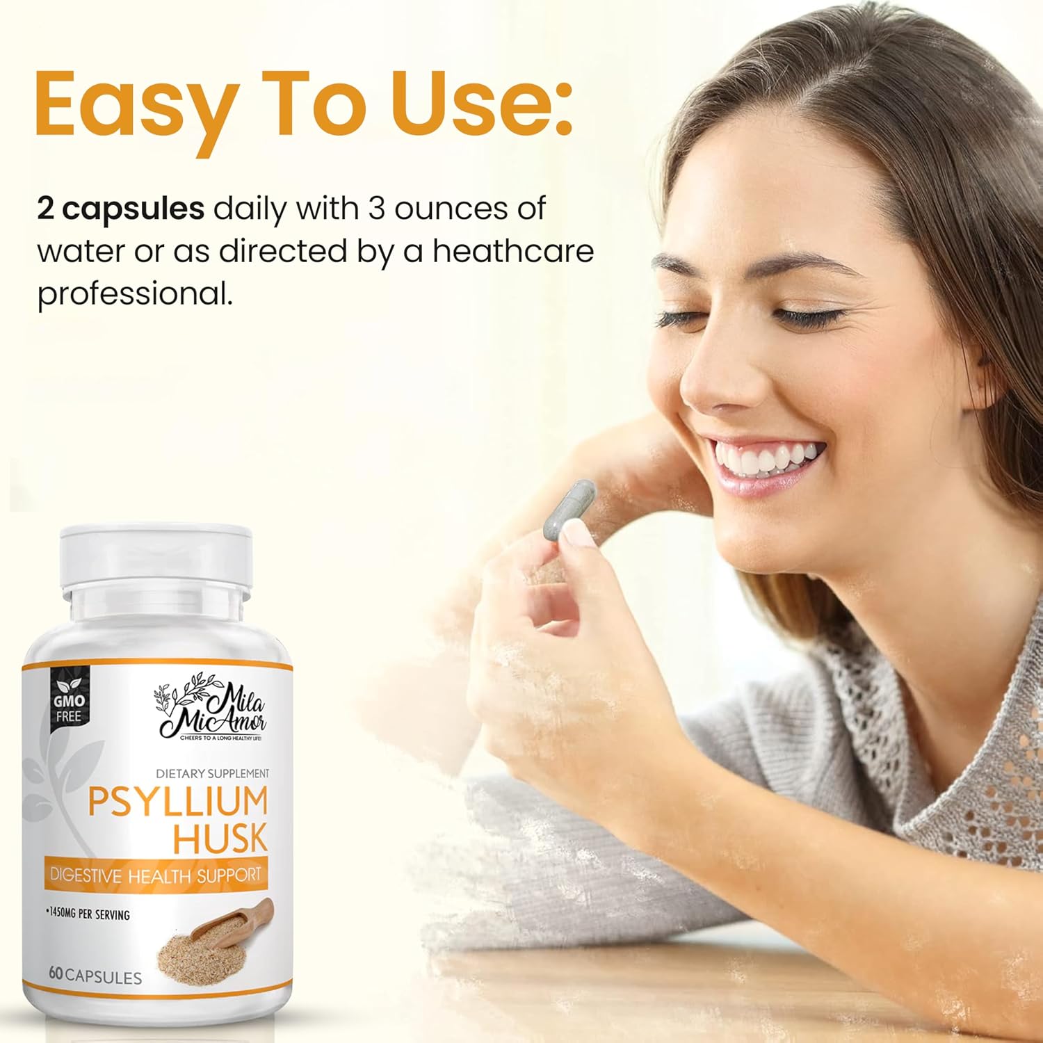 Mila Miamor Psyllium Husk Capsules – 60 Count – Gut & Colon Support Supplement – Promotes Digestive Health & Regularity – Non-GMO, High Fiber Formula