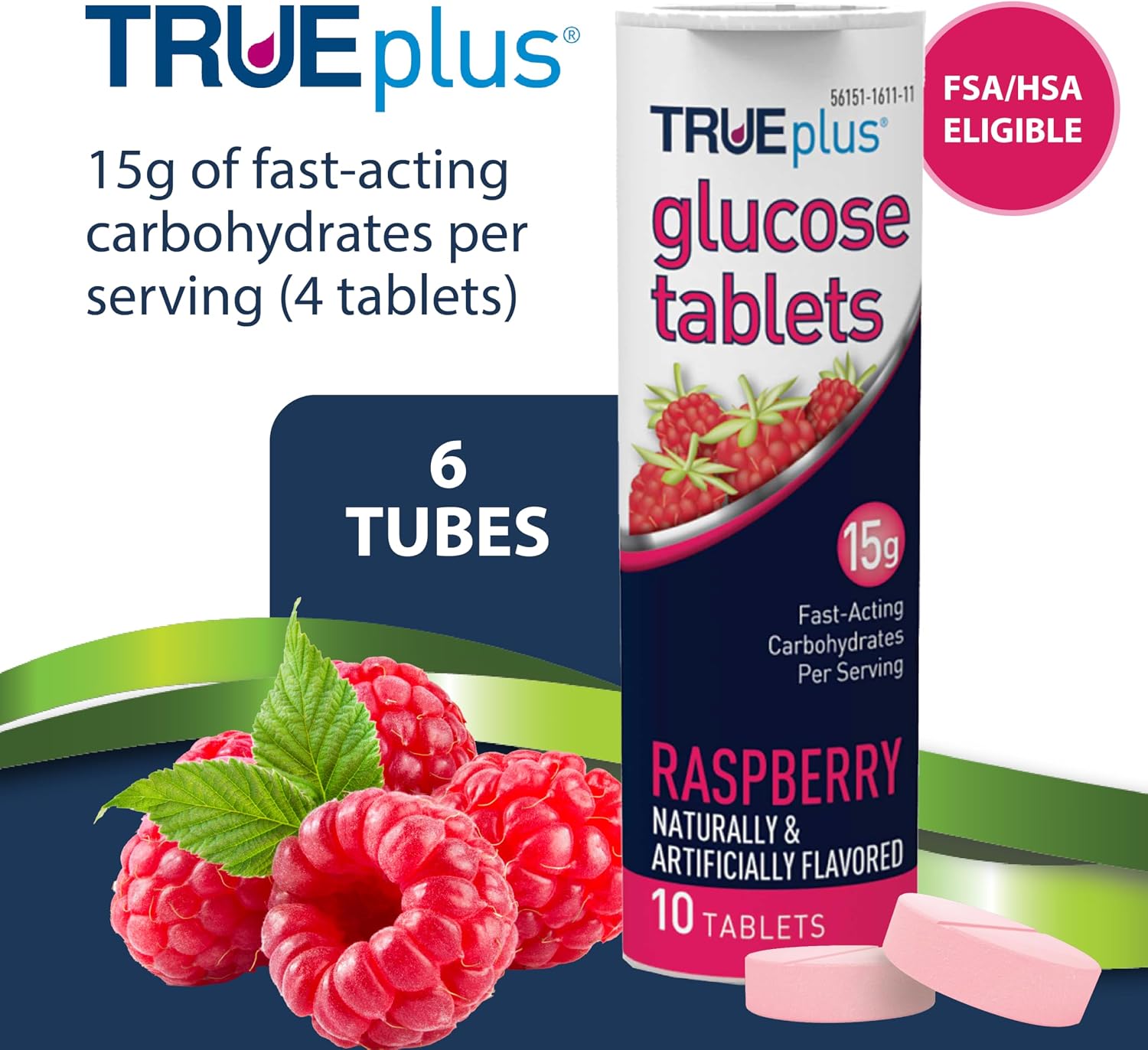 TRUEplus Glucose Tablets, Raspberry Flavor, 10 Count, 6 Tubes | Chewable Tablets, 15g Fast-Acting Carbohydrates, Fat Free, Gluten Free, Boosts Energy, Great Tasting and Easy to Use