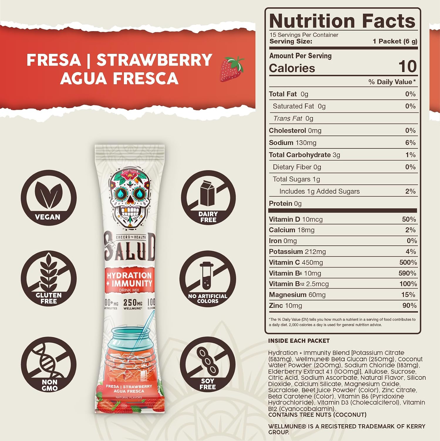 Salud 2-Pack | 2-in-1 Hydration + Immunity (Pineapple) & Hydration + Immunity (Strawberry) – 15 Servings Each, Agua Fresca Drink Mix, Non-GMO, Gluten Free, Vegan, Low Calorie, 1g of Sugar