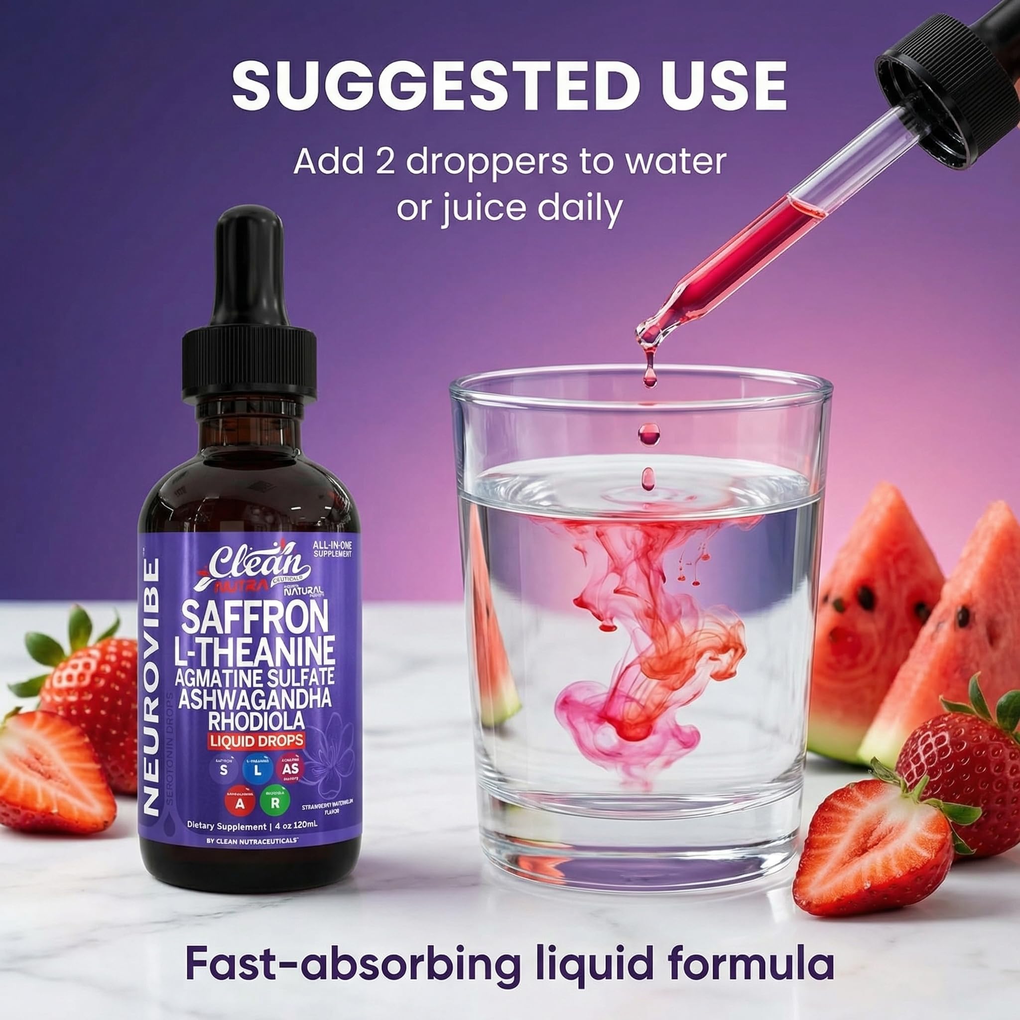Saffron Supplements Liquid Drops L-Theanine Agmatine Sulfate Ashwagandha Magnesium Glycinate B6 Magnesium Stress Relief Mood Support 5-HTP GABA Supplement Vitamin D 4oz by Clean Nutra
