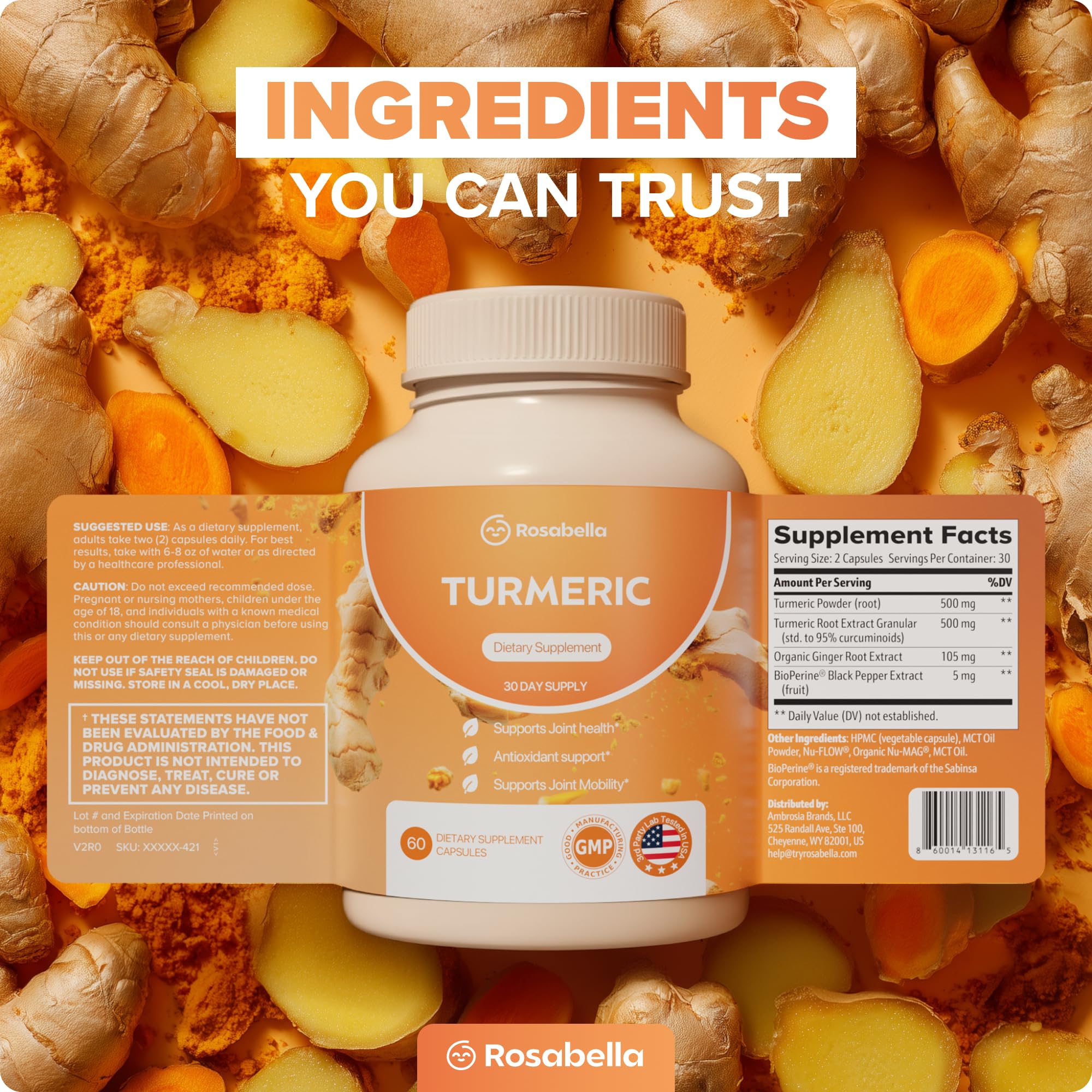 Rosabella Turmeric Curcumin Supplement – Organic Turmeric Supplement with BioPerine & Ginger, Turmeric Capsules for Joint Comfort, Mobility & Antioxidant Wellness – 60 Count (Pack of 1)