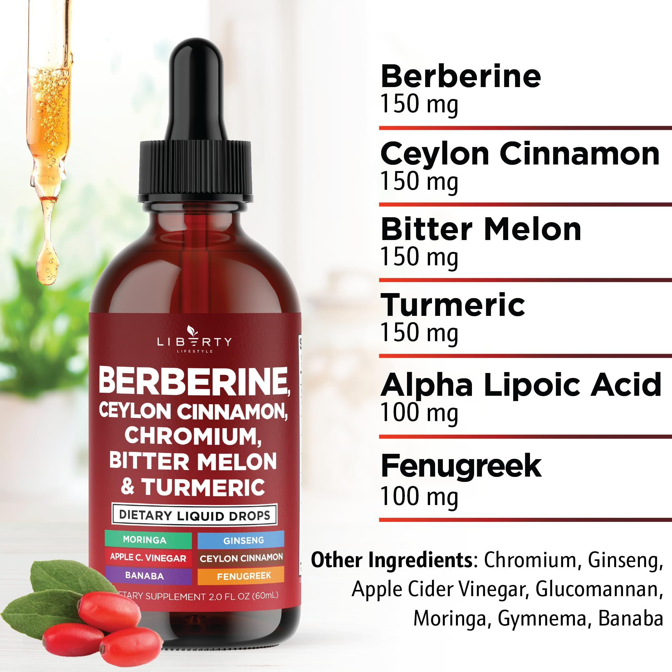 Berberine with Ceylon Cinnamon Supplement Liquid Drops + Bitter Melon Extract, Glucomannan, Gymnema, Chromium, Turmeric, Panax Ginseng, Moringa- 4 OZ
