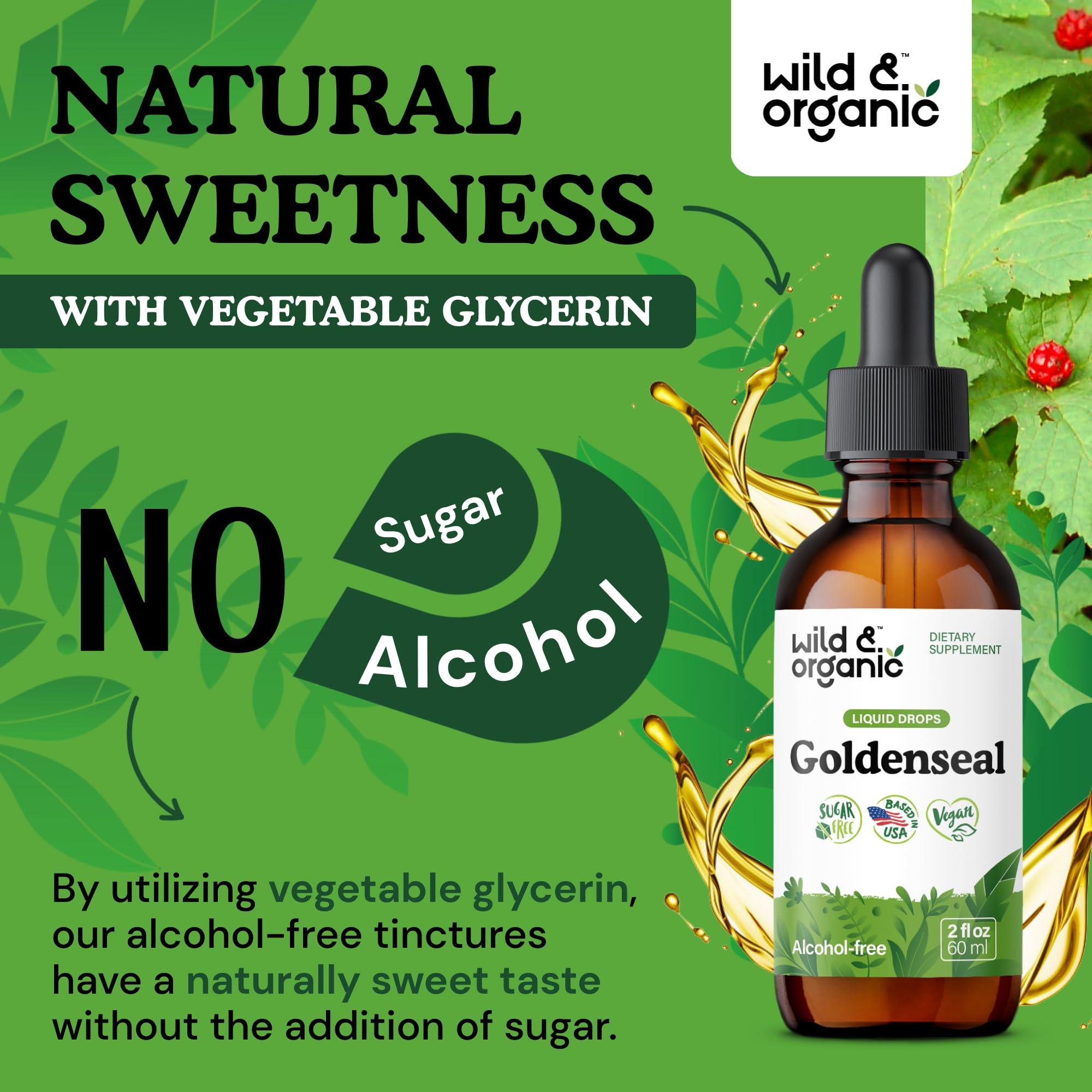 Wild & Organic Goldenseal Tincture - Lung & Digestive Support - Goldenseal Root Extract Liquid Drops - Vegan, Sugar & Alcohol-Free Herb Supplement - 4 fl oz