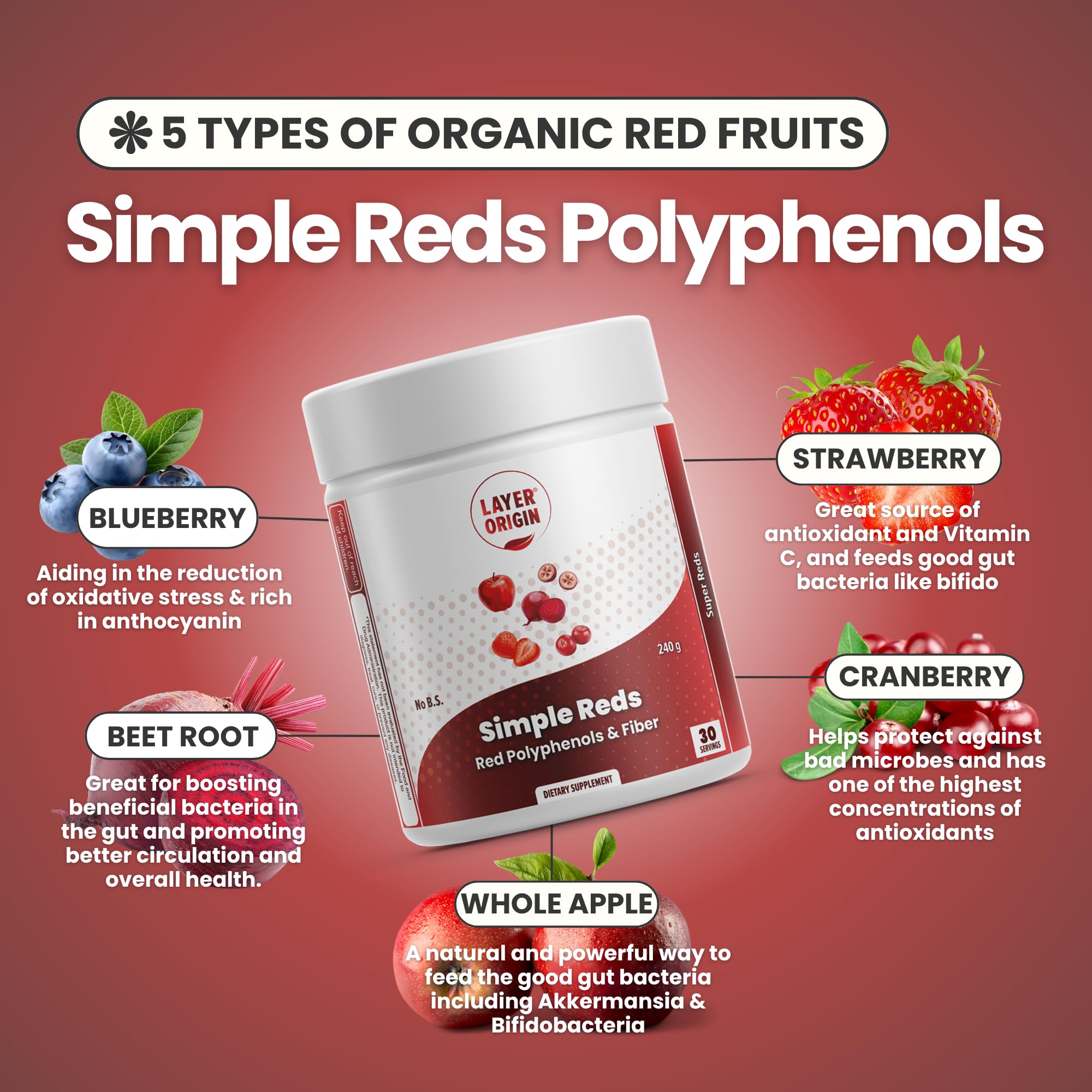 Layer Origin Simple Reds - Organic Red Polyphenols Whole Fruit Powder | Five Real Whole Fruits | 30 Servings Layer OriginBuy Supplements Australia