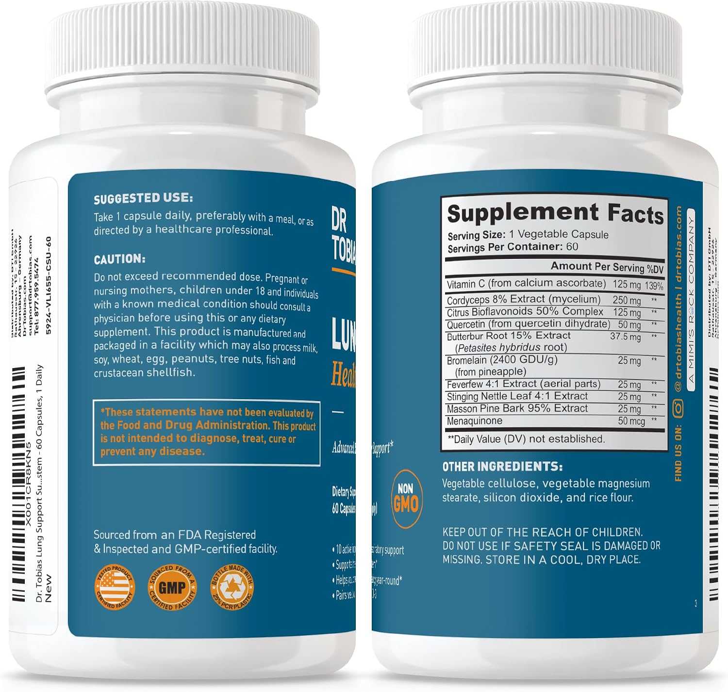 Dr. Tobias Lung Health Respiratory Support 60 Capsules | Lung Supplement | Lung Cleanse, Bronchial & Immune Support | Vitamin C + Butterbur + Quercetin + Bromelain | 60 Servings