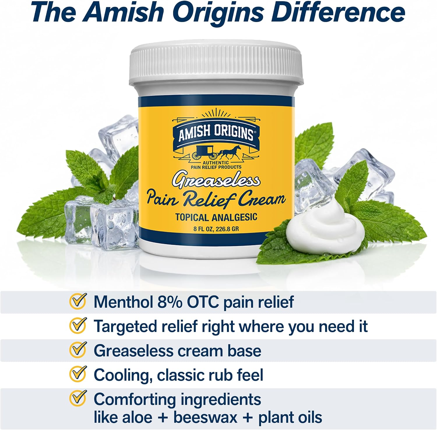 Amish Origins Pain Relief Cream, Maximum Strength Deep Penetrating for Joint, Muscle, Knee, Back, Feet, Hand, Ankle, Aches, 8 fl oz (Pack of 1)