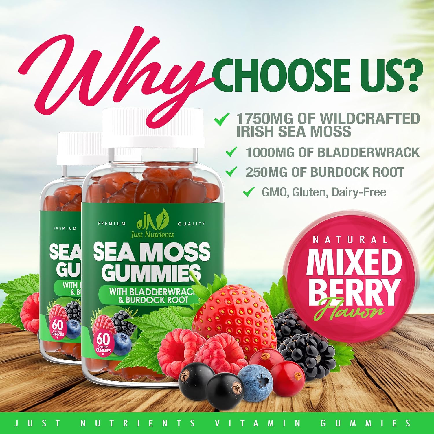 Sea Moss 3000mg Gummies with Bladderwrack and Burdock Root for Men & Women | Natural Irish Sea Moss Superfood for Immune, Thyroid and Detox Support - Extra Strength, Berry Flavor, Gluten-Free, Vegan