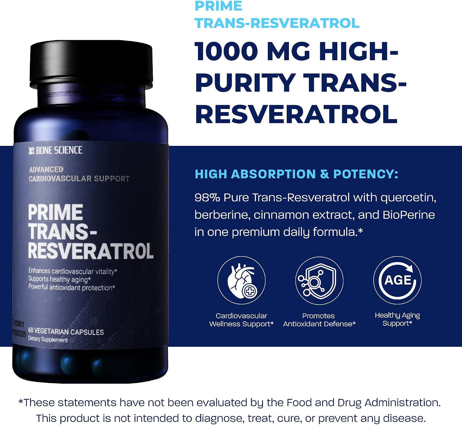 BONE SCIENCE Prime Trans-Resveratrol 1000 mg, High-Purity 5-in-1 Formula with Quercetin, Berberine HCl, Cinnamon Extract & BioPerine, Antioxidant Support, Non-GMO, 2 Month Supply