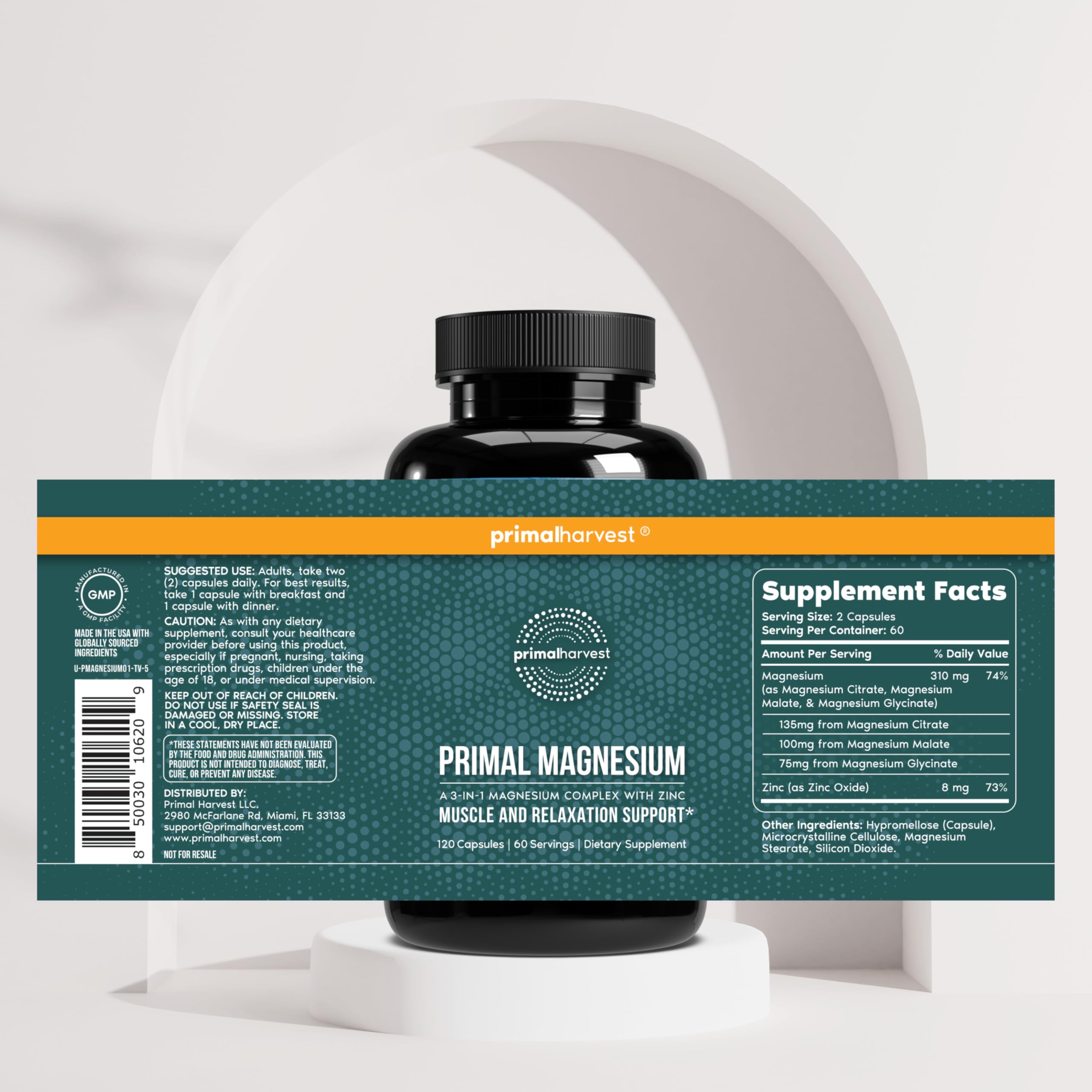 Primal Harvest Magnesium Supplement Complex 310mg by Primal Harvest with Magnesium Glycinate, Citrate, Malate, and Zinc 2 Pack, 240 Capsules Primal Harvest buy supplements Au