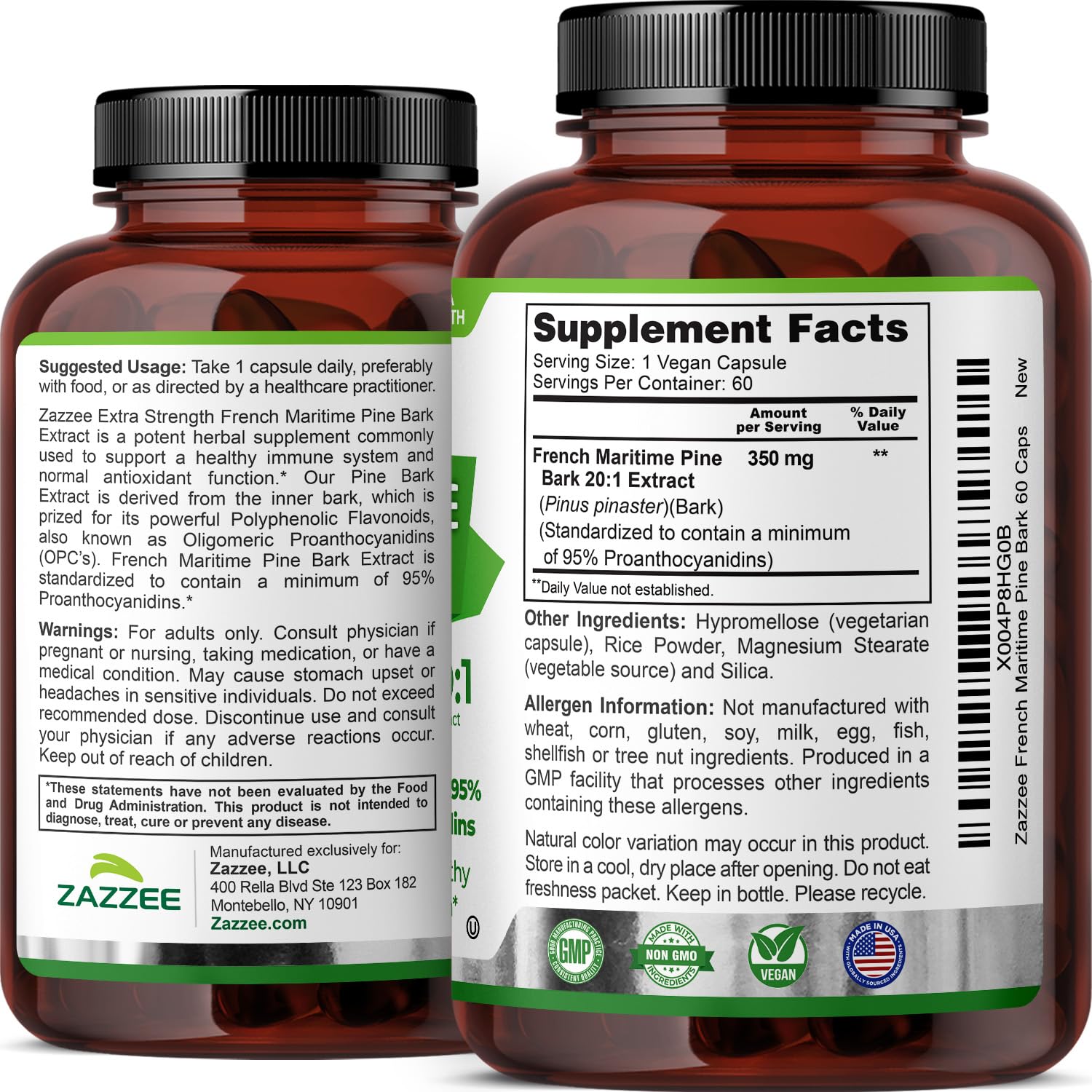 Zazzee Extra Strength French Maritime Pine Bark Extract 20:1, 350 mg Per Capsule, 95% Proanthocyanidins, 180 Vegan Capsules, 6 Month Supply, Certified Kosher, Antioxidant Support, Non-GMO, Made in USA