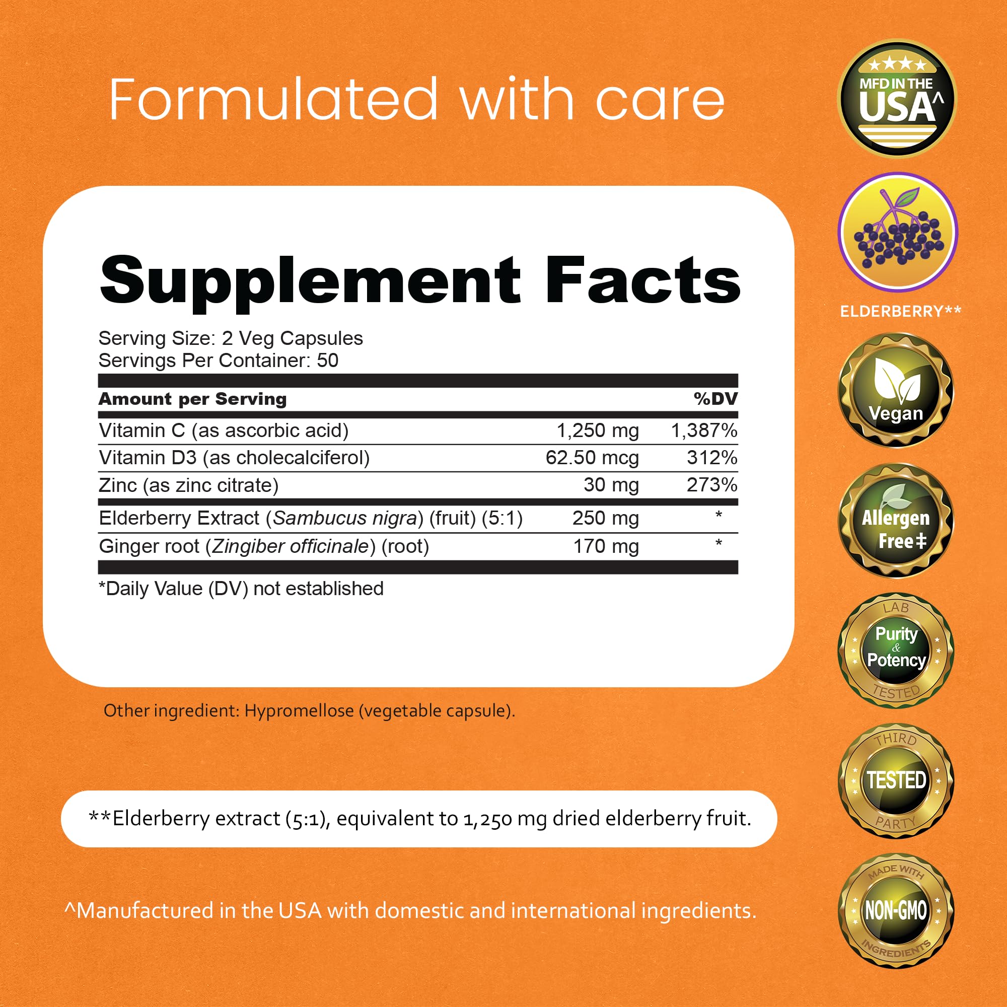 NaturaLife Labs Vitamin C with Vitamin D3, Zinc, Elderberry & Ginger Root – 1,700 mg per Serving – 100 Capsules, Vegan, Non-GMO, Gluten Free