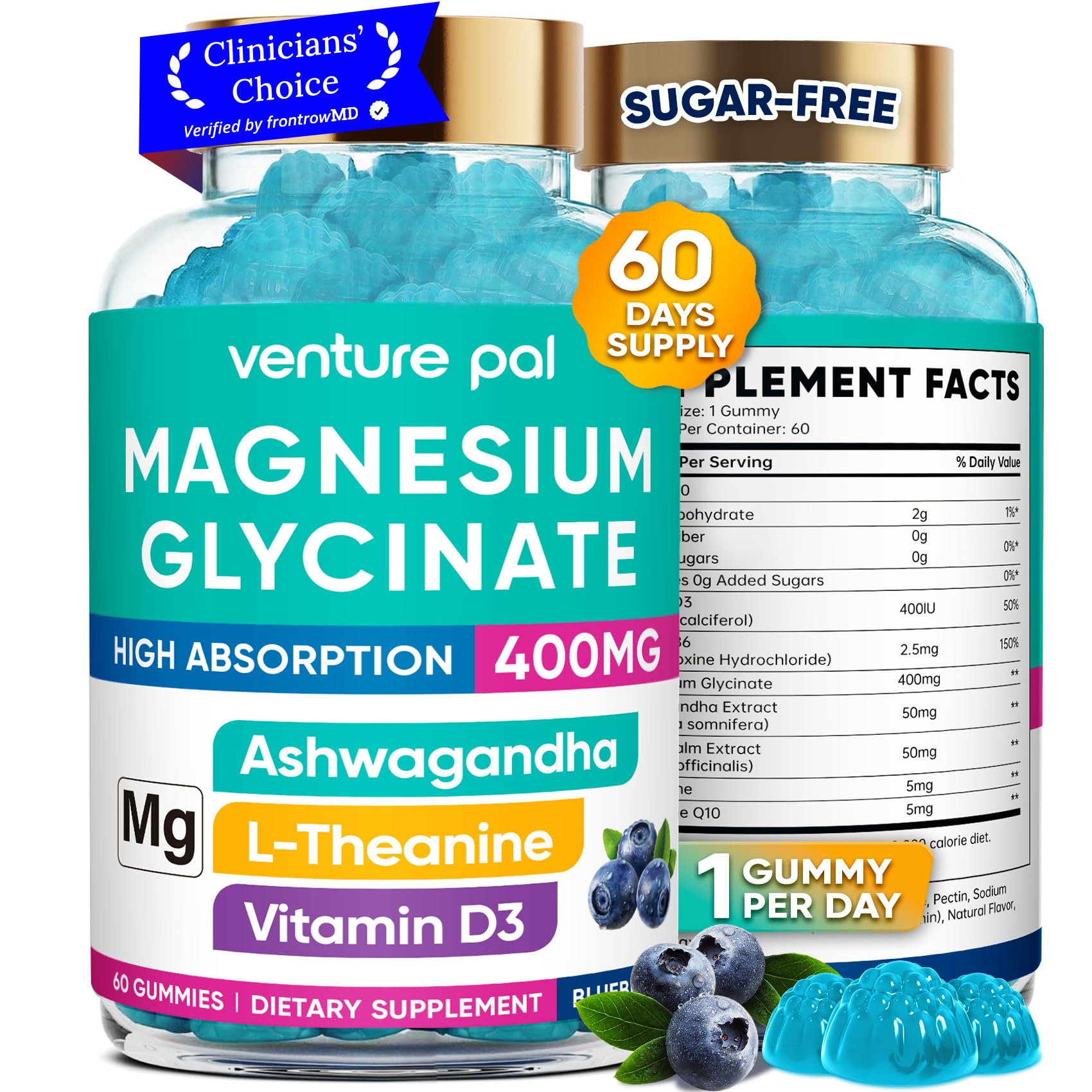 60 Day Supply Magnesium Glycinate 400mg Gummies Sugar Free High Absorption | With Ashwagandha, L-Theanine, CoQ10, Vitamin D3 & B6, Adults & Kids, Stress Relief, Sleep & Calm, Vegan, Gluten Free