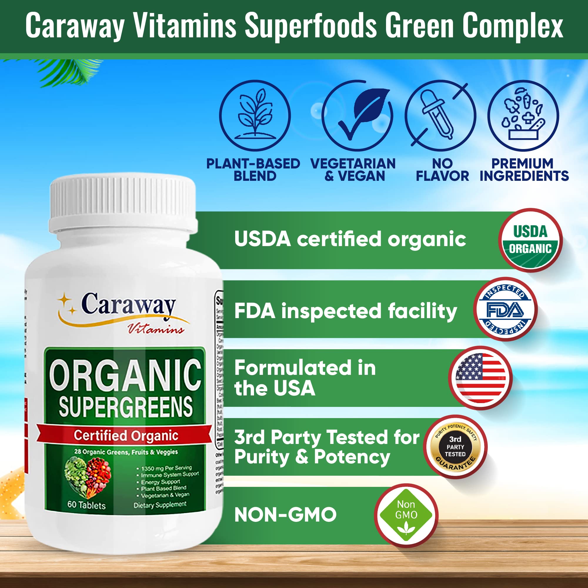 Organic Superfoods Vitamins Super Greens Complex by Caraway Vitamins 1,350 mg per Serving 28 Fruits Vegetables Greens 60 Count Tablets Non-GMO Natural for Men & Women Caraway VitaminsBuy Supplements Australia