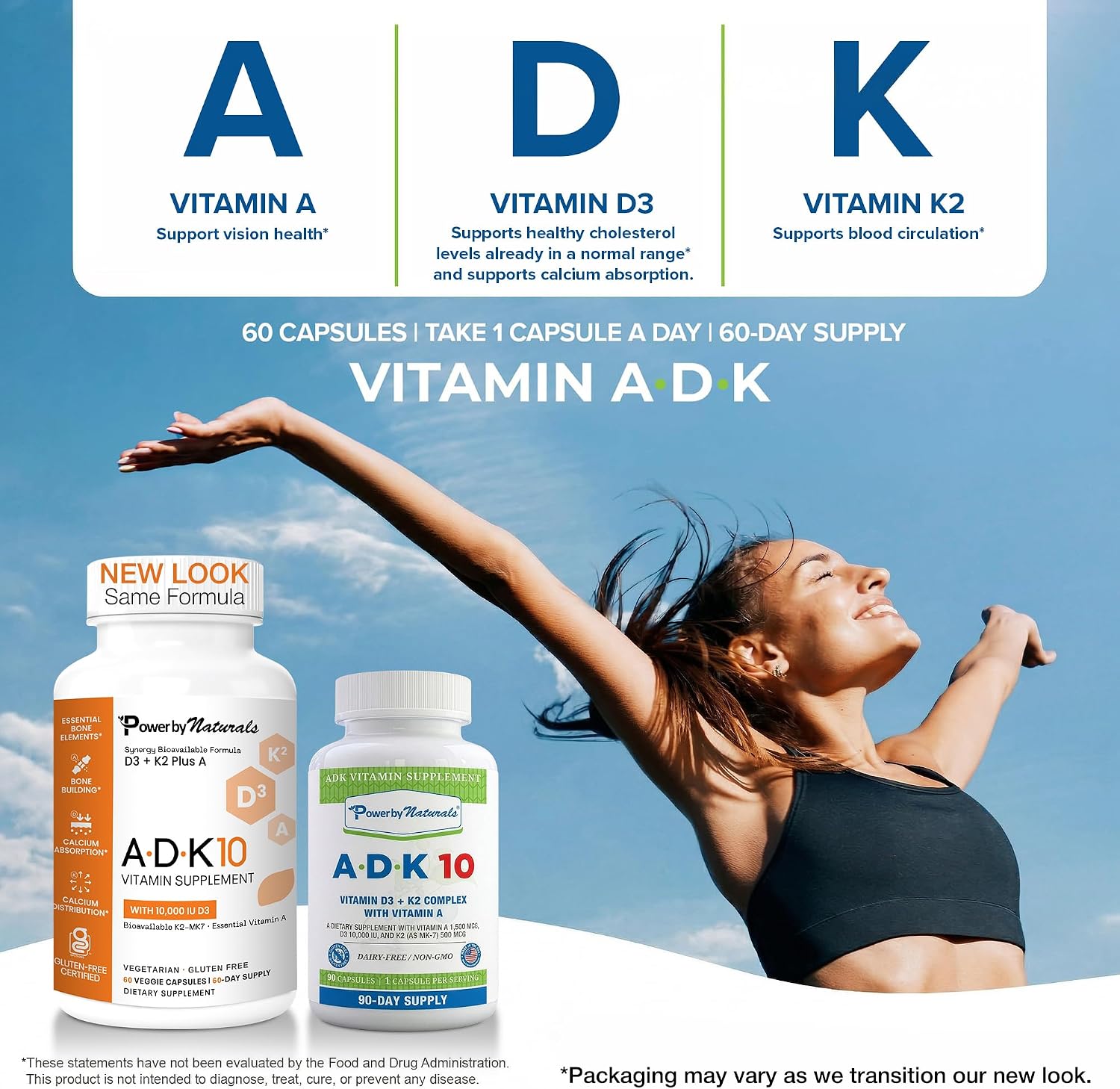 Power By Naturals ADK 10 Vitamin Supplement – Vitamins A, D3 & K2 MK-7 for Bone, Heart & Immune Health – Gluten-Free, Soy-Free – 90 Capsules (3-Month Supply)