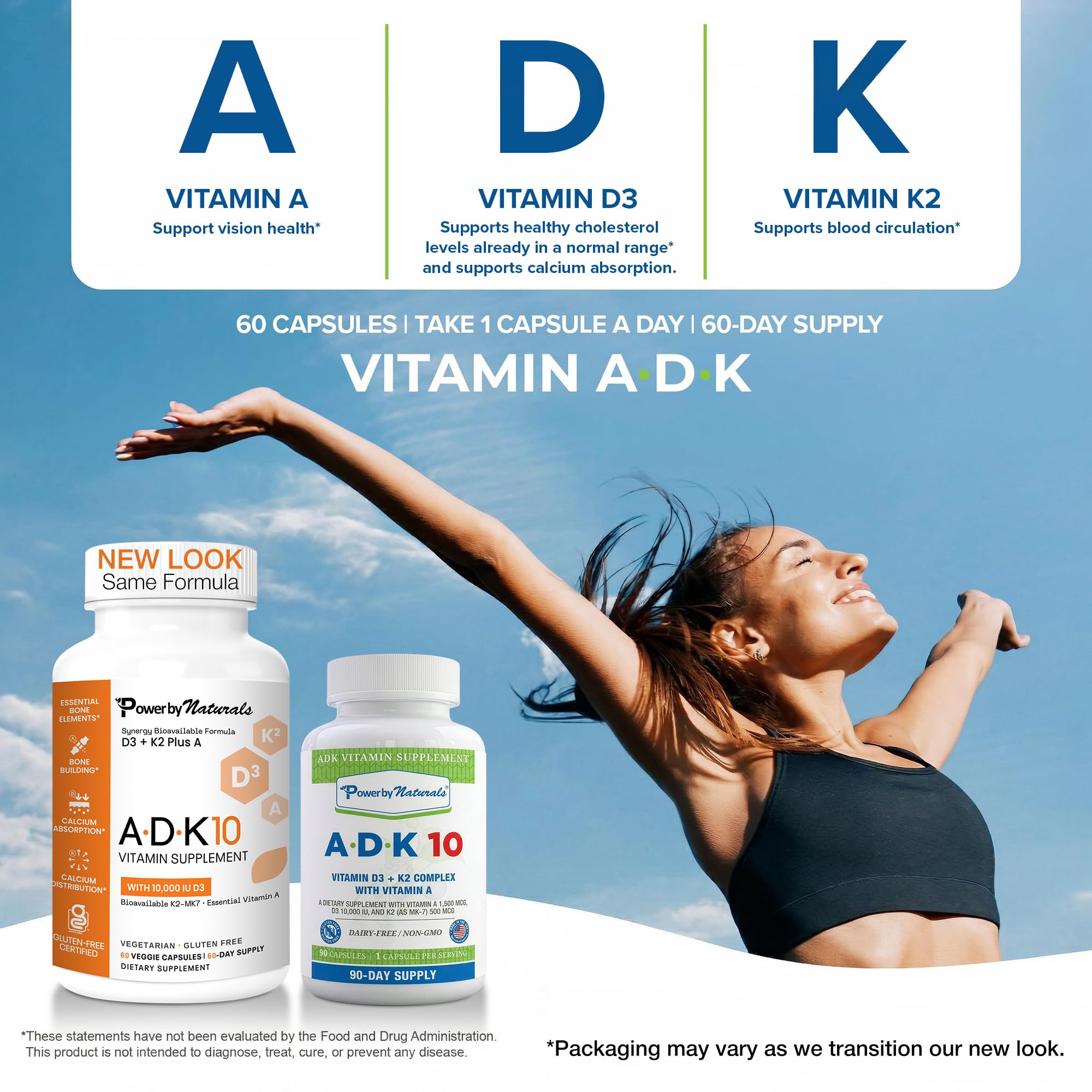 Power By Naturals ADK 10 Vitamin Supplement – Vitamins A, D3 & K2 MK-7 for Bone, Heart & Immune Health – Gluten-Free, Soy-Free – 90 Capsules (3-Month Supply)