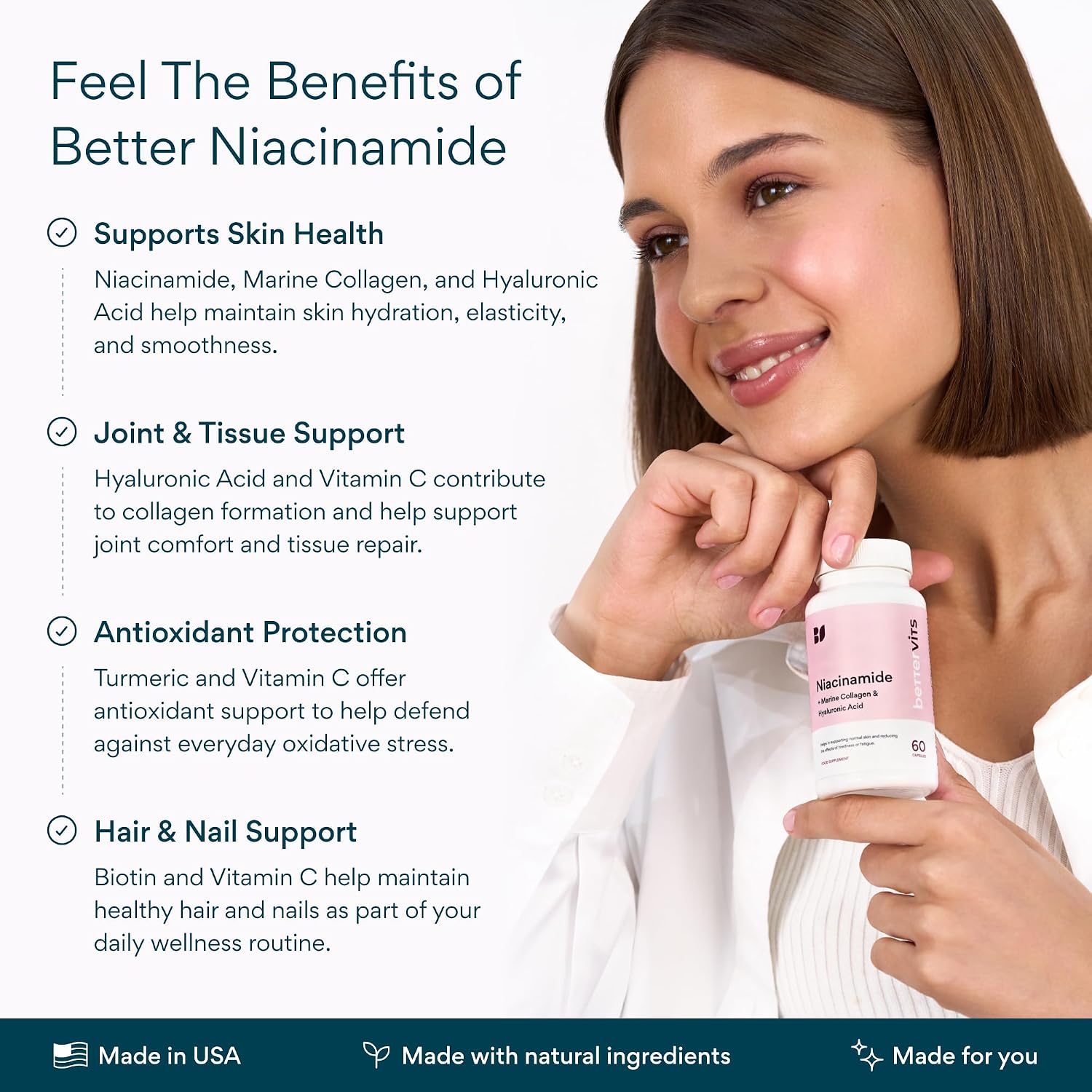 Bettervits Niacinamide Supplement with Vitamin B3, Marine Collagen & Hyaluronic Acid | High-Strength Vitamin B3 Capsules 300 mg. with Turmeric for Energy Metabolism & Skin Support - 60 Capsules
