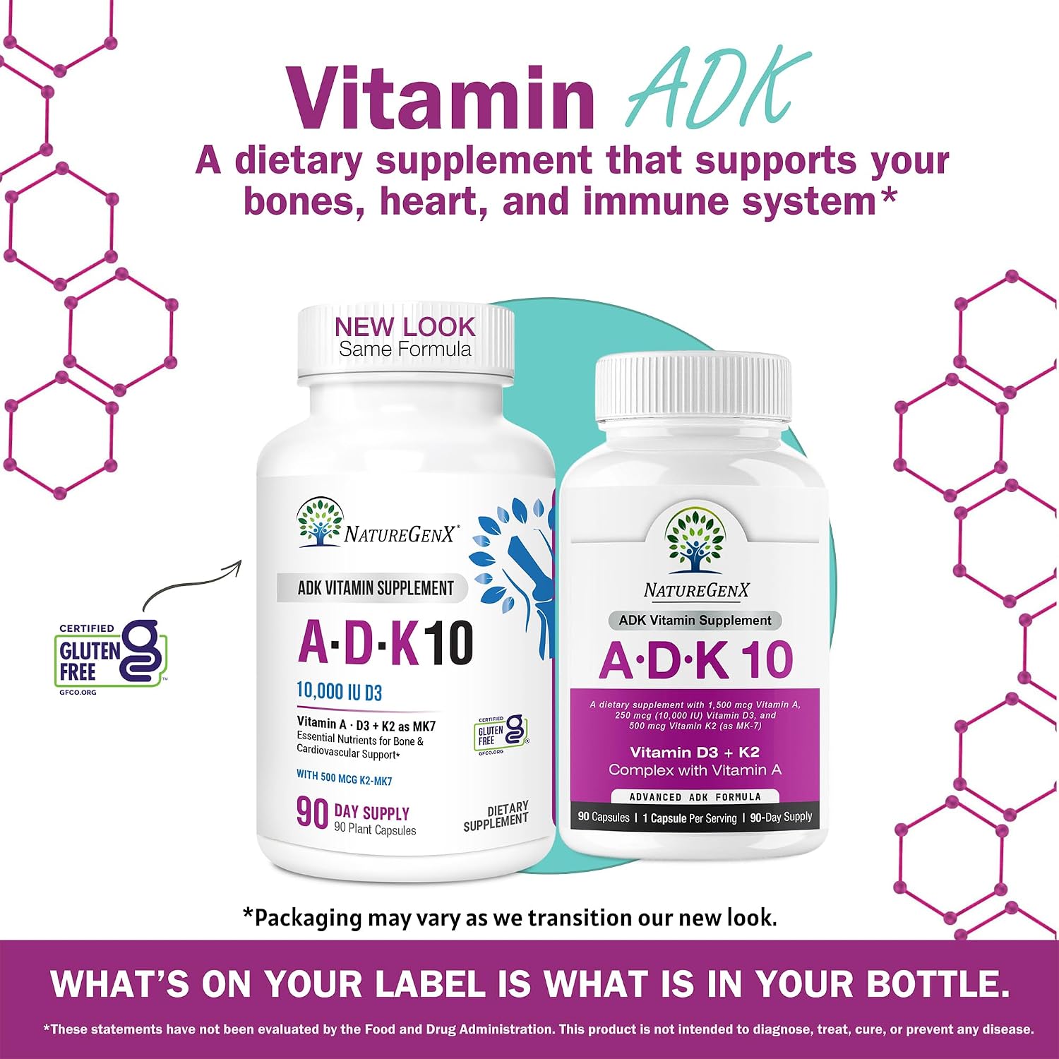 NatureGenX ADK10 – Vitamins A, D3 250 mcg & K2 MK-7 for Bone, Heart & Immune Health – Non-GMO, Gluten-Free, Soy-Free – 90 Capsules (3-Month Supply) | For Bone, Heart & Immune Health - Non-GMO, Gluten-Free, Soy-Free - 90 Capsules (3-Month Supply)