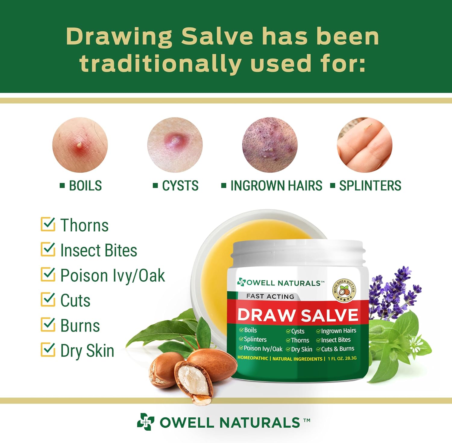 Owell Naturals Drawing Salve Ointment with Pure Shea Butter, for ingrown Hair, Boil, Splinter Remover, Bug Spider Bites, Bee Sting, Mosquito Itch, Poison Ivy, Burns & Cuts,1 Fl Oz (Pack of 1)