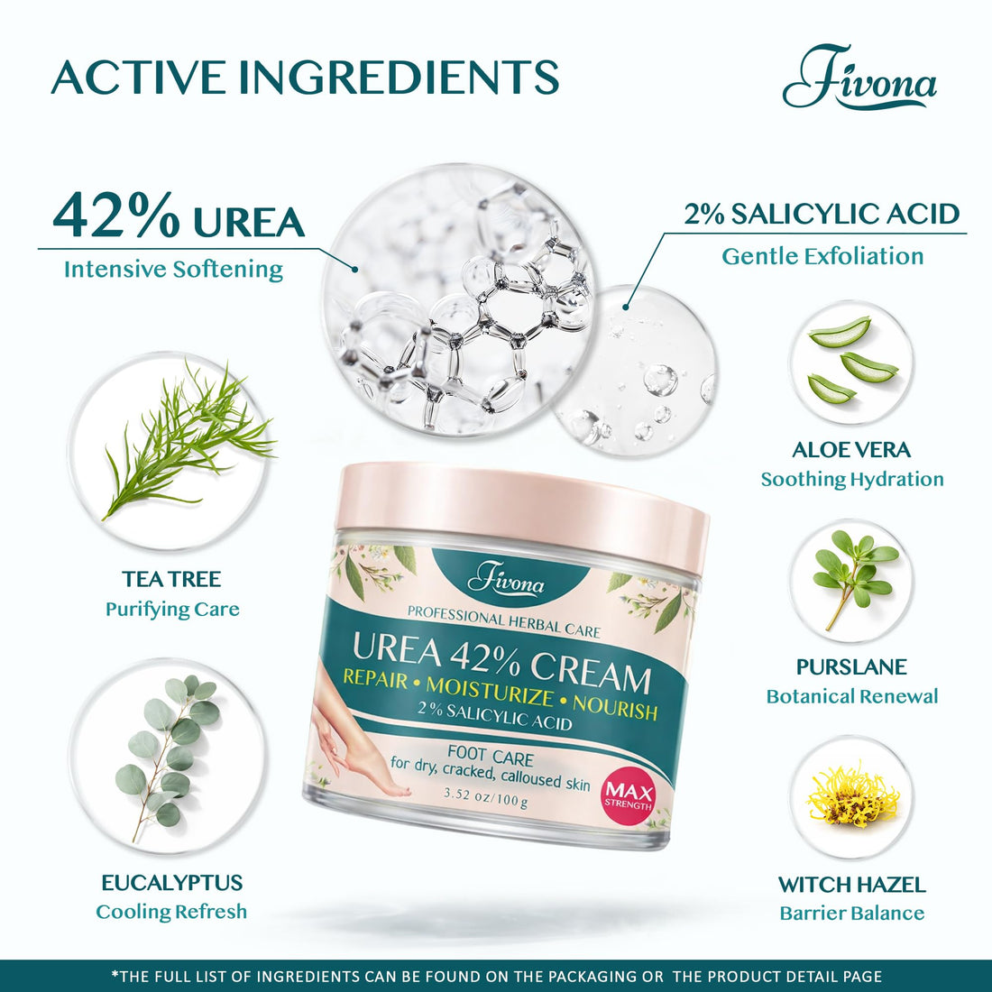 FIVONA 42% Urea Foot Cream for Thick, Rough Dry Skin - Maximum Strength Callus Softening with 2% Salicylic Acid, Tea Tree & Aloe Vera, 100g (3.5 oz) - Deep Moisturizing Foot Care