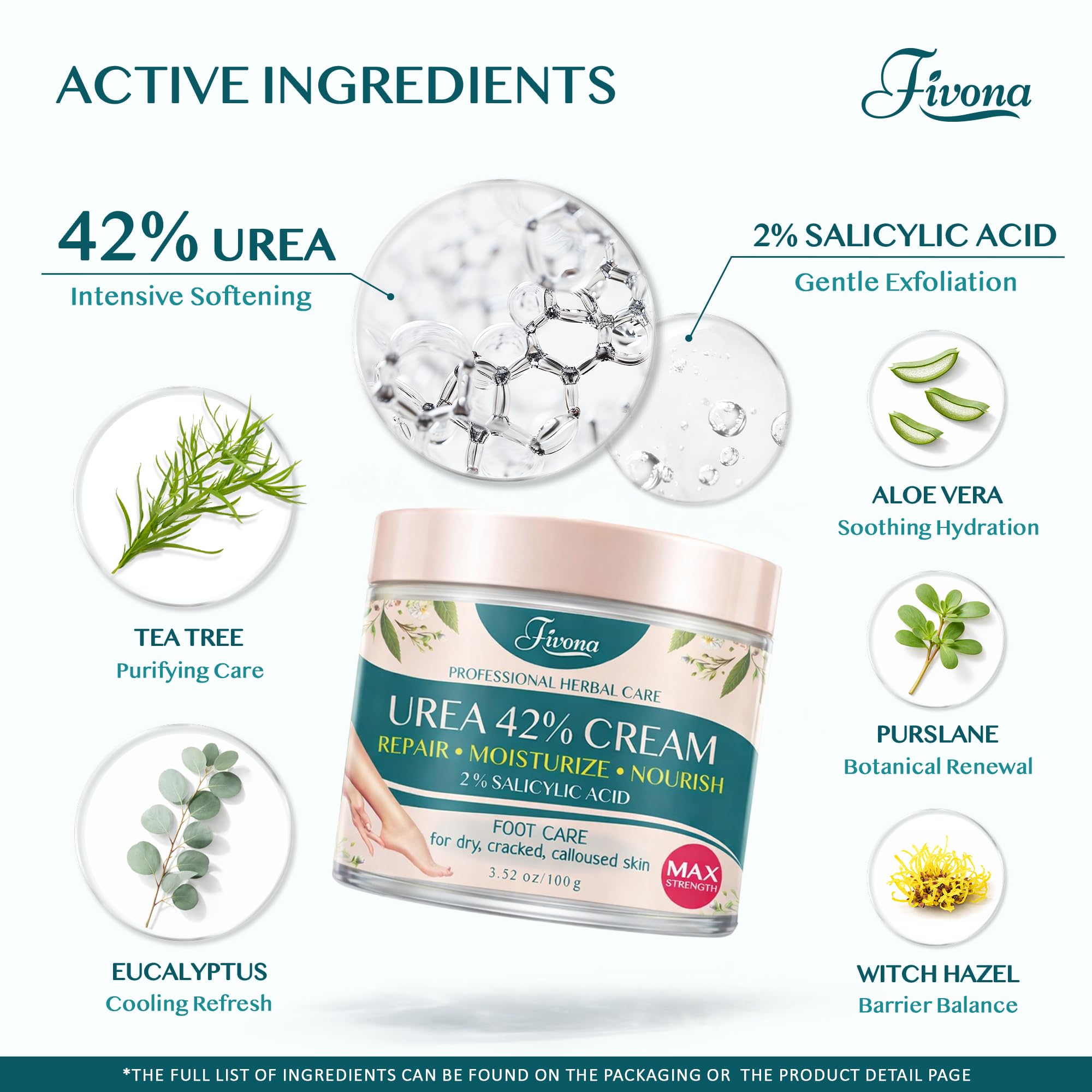 FIVONA 42% Urea Foot Cream for Thick, Rough Dry Skin - Maximum Strength Callus Softening with 2% Salicylic Acid, Tea Tree & Aloe Vera, 100g (3.5 oz) - Deep Moisturizing Foot Care