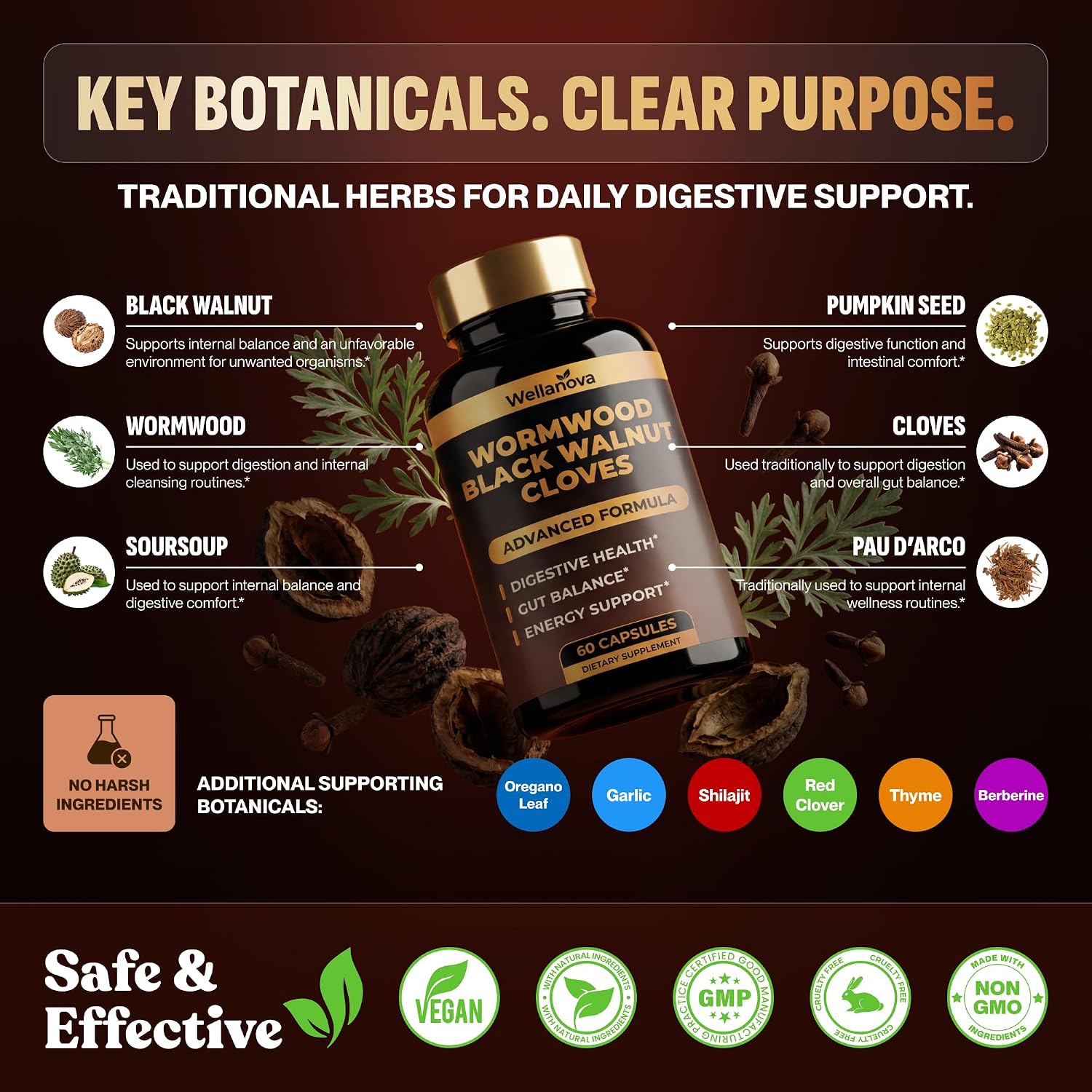 Wormwood Black Walnut Clove Cleanse for Humans - Advanced Detox Formula | Adults, Gut Health Supplement With Wormwood Herb, Black Walnut Hull Extract & Clove, 60 Capsules