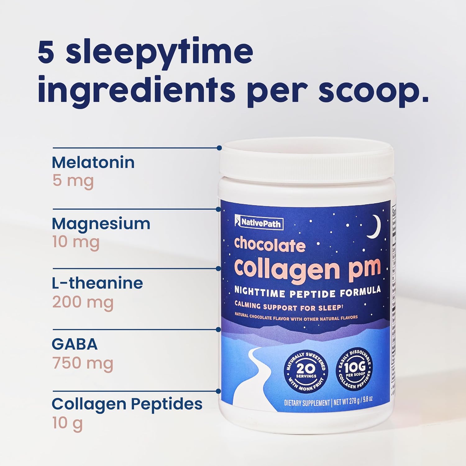 NativePath Collagen PM Chocolate with Melatonin, 20 Servings | Grass-Fed Peptides, Magnesium, GABA & L-Theanine, Supports Restful Sleep, Skin & Hair, No Added Sugar