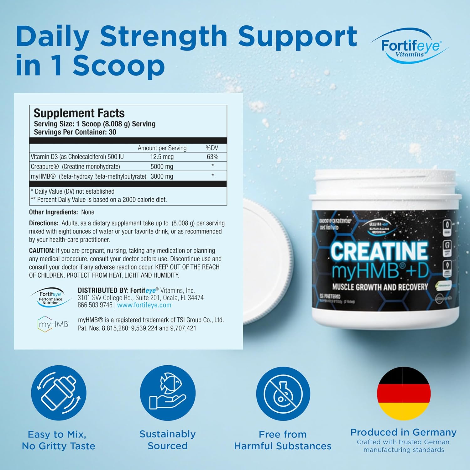 Fortifeye Creatine Monohydrate Powder 30 Servings, Creapure Supplement with myHMB 3000mg and Vitamin D 12.5mcg, 5g Pure Formula for Daily Strength Training, Muscle Support and Performance for Adults