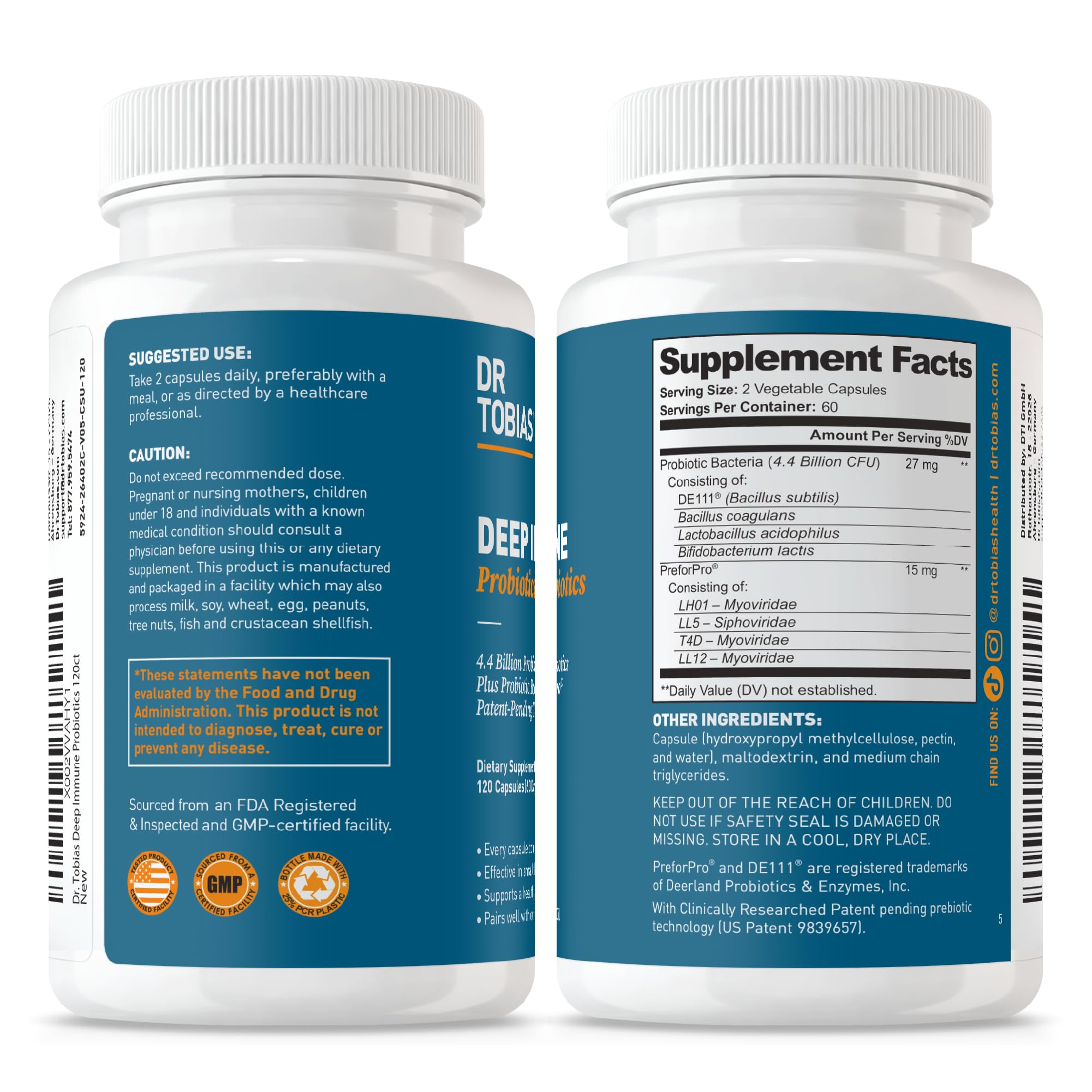 Dr. Tobias Deep Immune Probiotic + Prebiotic 60 Capsules | Gut Health | Dual Action Gut & Immune Support | DE111 Spore Forming Probiotics + PreforPro | Targeted Release | Shelf Stable | 30 Servings