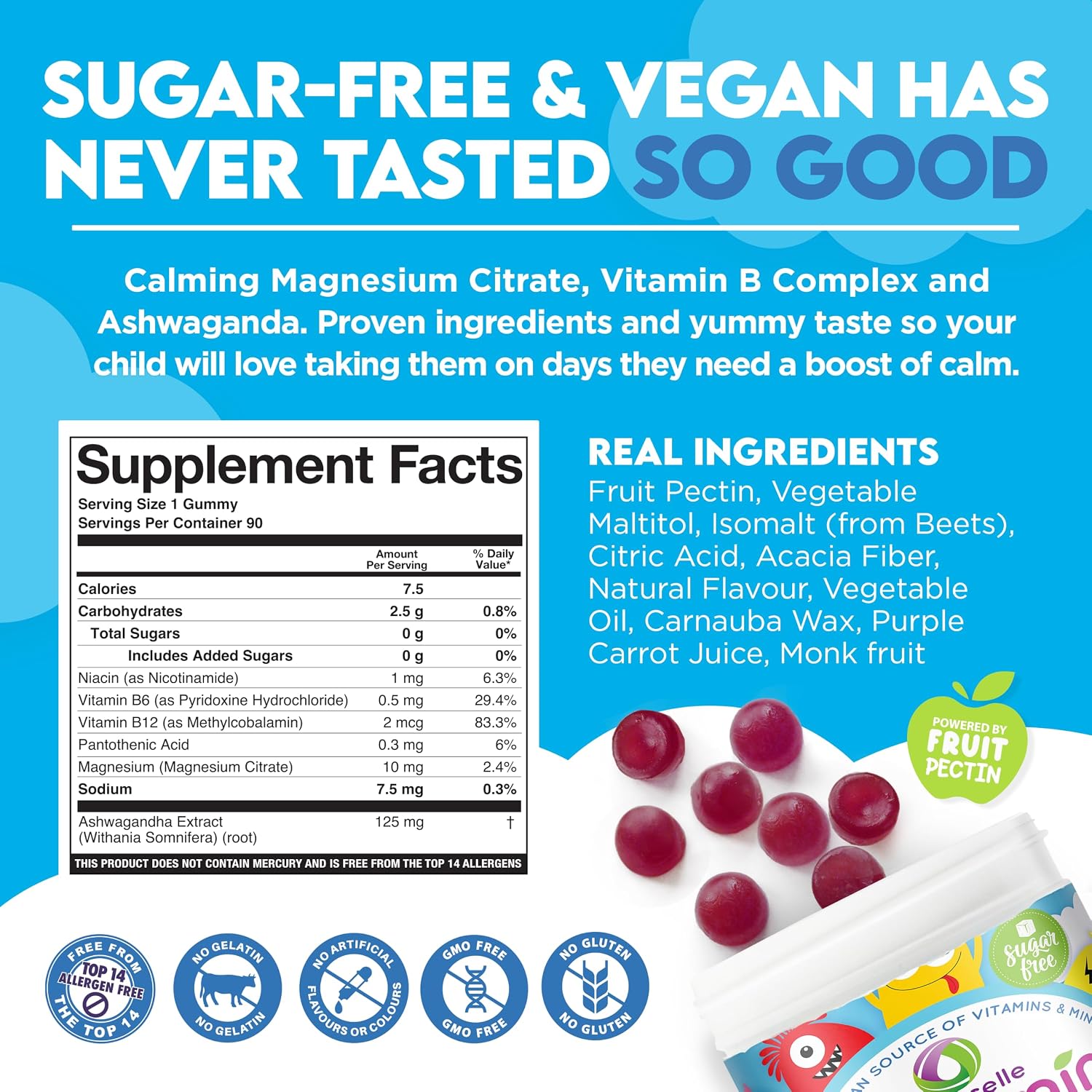 Nutracelle NUTRAMIN Kids Mood Boost Vegan Vitamin Gummy: Magnesium Citrate Supplement for Children with Ashwagandha & Vitamin B Complex to Relax & Focus - Sugar-Free, Wild Berry - 60ct (60 Count)