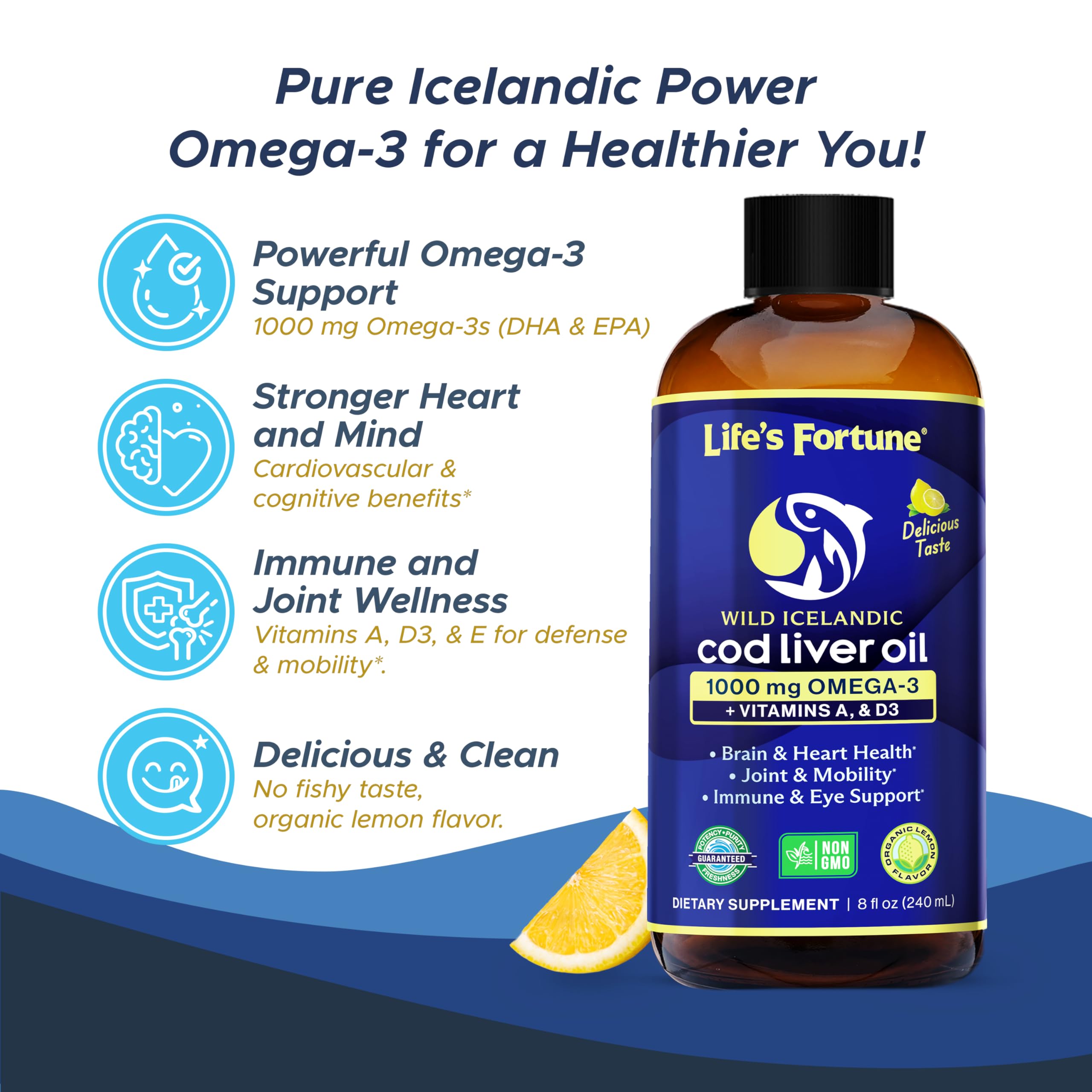 Life's Fortune Cod Liver Oil Liquid Lemon Flavor Organic Supplement with DHA, EPA 1000 mg High Potency Omega-3s + Vitamin A, E & D3 - Supports Immune, Joints, Eyes, 16 Fl Oz (Pack of 1)