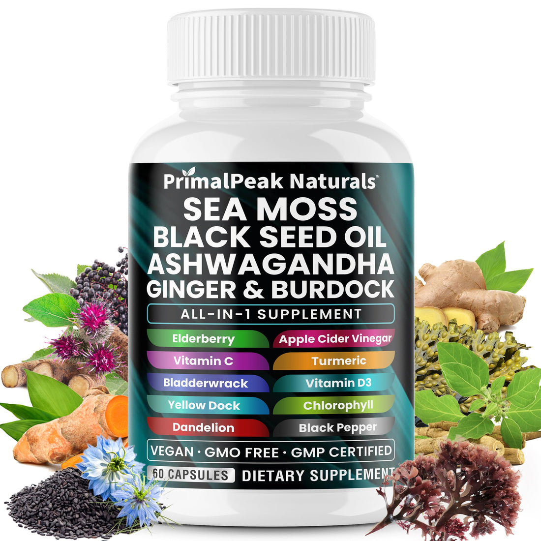 PrimalPeak Naturals Sea Moss Black Seed Oil Ashwagandha Ginger Burdock Bladderwrack Turmeric & Vitamin C Vitamin D3 with ACV Elderberry Chlorophyll Dandelion Yellow Dock Vegan Capsules - 60 Count PrimalPeak NaturalsBuy Supplements Australia