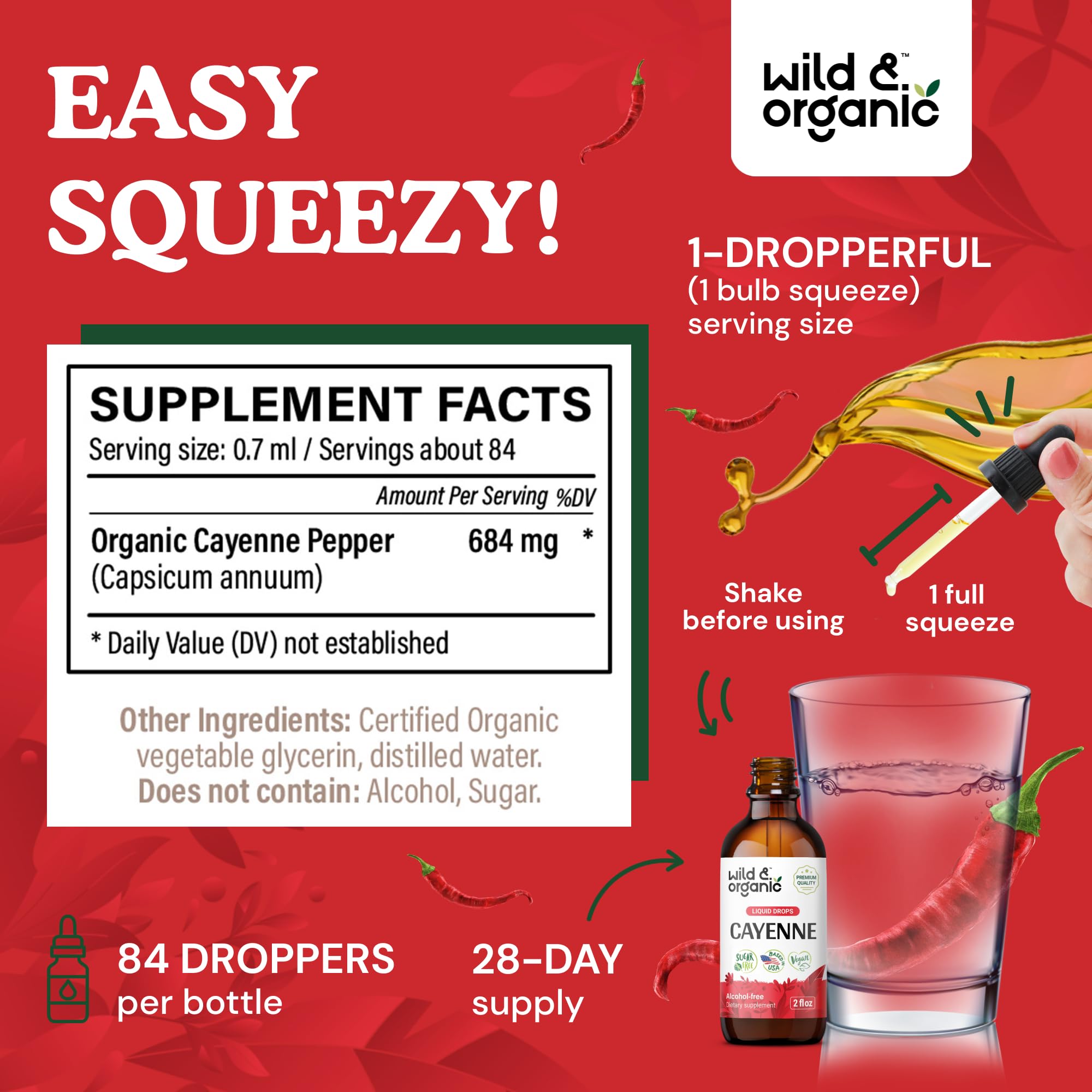 Wild & Organic Cayenne Pepper Drops - Antioxidant & Digestive Support - Capsaicin Supplements - Fast Absorbing Liquid Cayenne Pepper Extract Tincture - No Spicy Aftertaste, Alcohol-Free - 4 fl oz