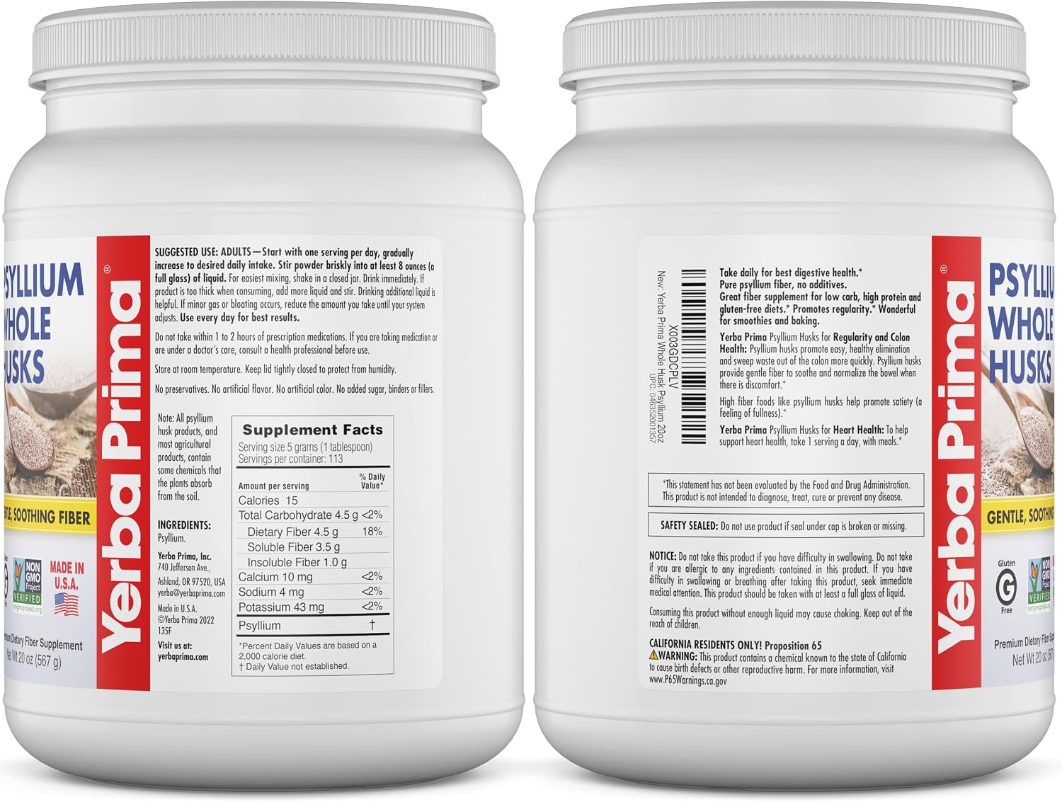 Yerba Prima Psyllium Whole Husks Fiber Supplement 20oz - Colon Cleanse - Gut Health - Vegan Non-GMO Gluten Free