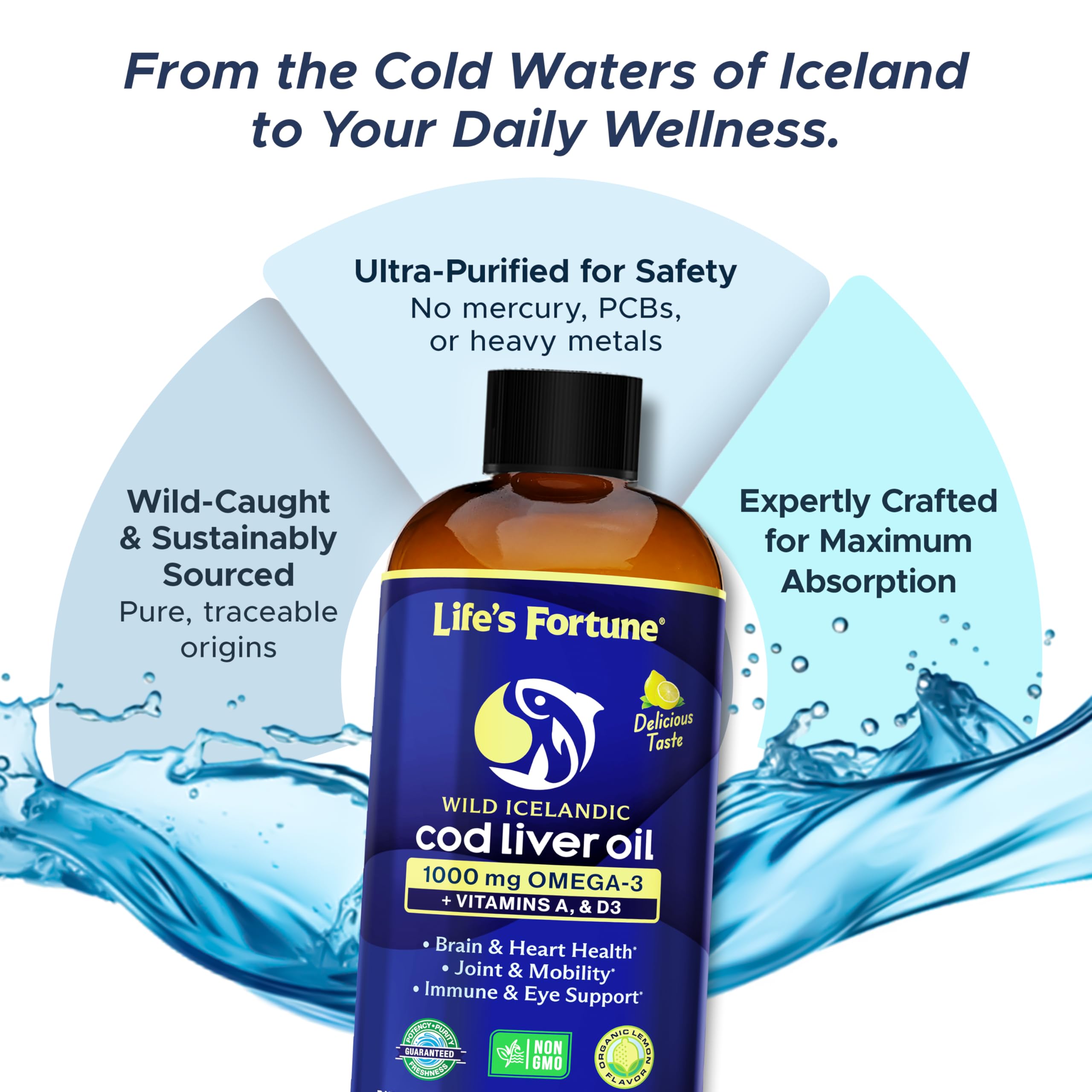 Life's Fortune Cod Liver Oil Liquid Lemon Flavor Organic Supplement with DHA, EPA 1000 mg High Potency Omega-3s + Vitamin A, E & D3 - Supports Immune, Joints, Eyes, 16 Fl Oz (Pack of 1)