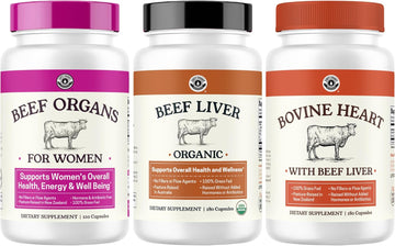 Beef Organ Supplement for Women + Organic Beef Liver Capsules + Grass Fed Bovine Heart & Liver Supplement - Pasture Raised Bovine - No Fillers, Flow Agents, or GMOs - Nutrient Dense Superfood
