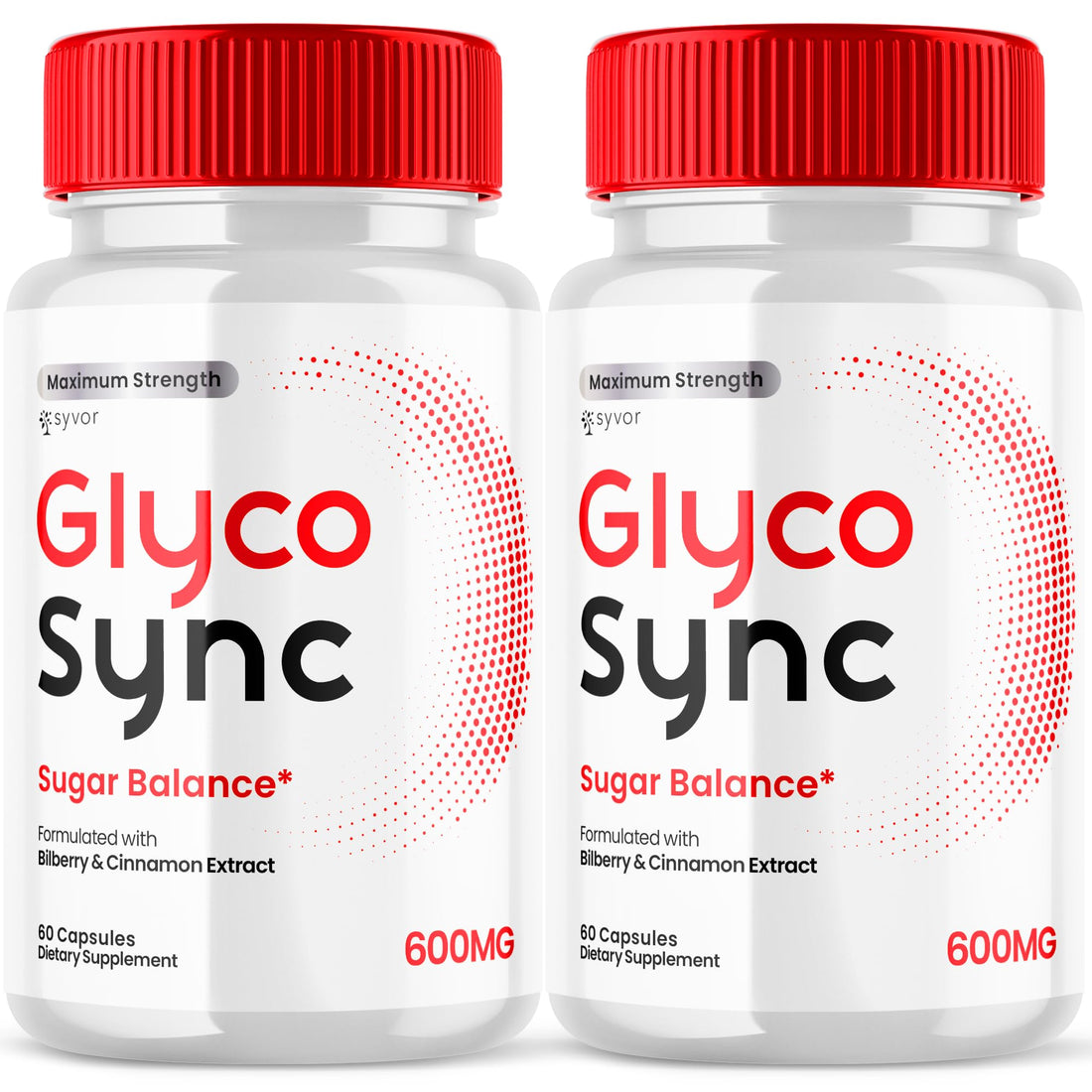 Two bottles of Glyco Sync dietary supplements with red caps on a white background