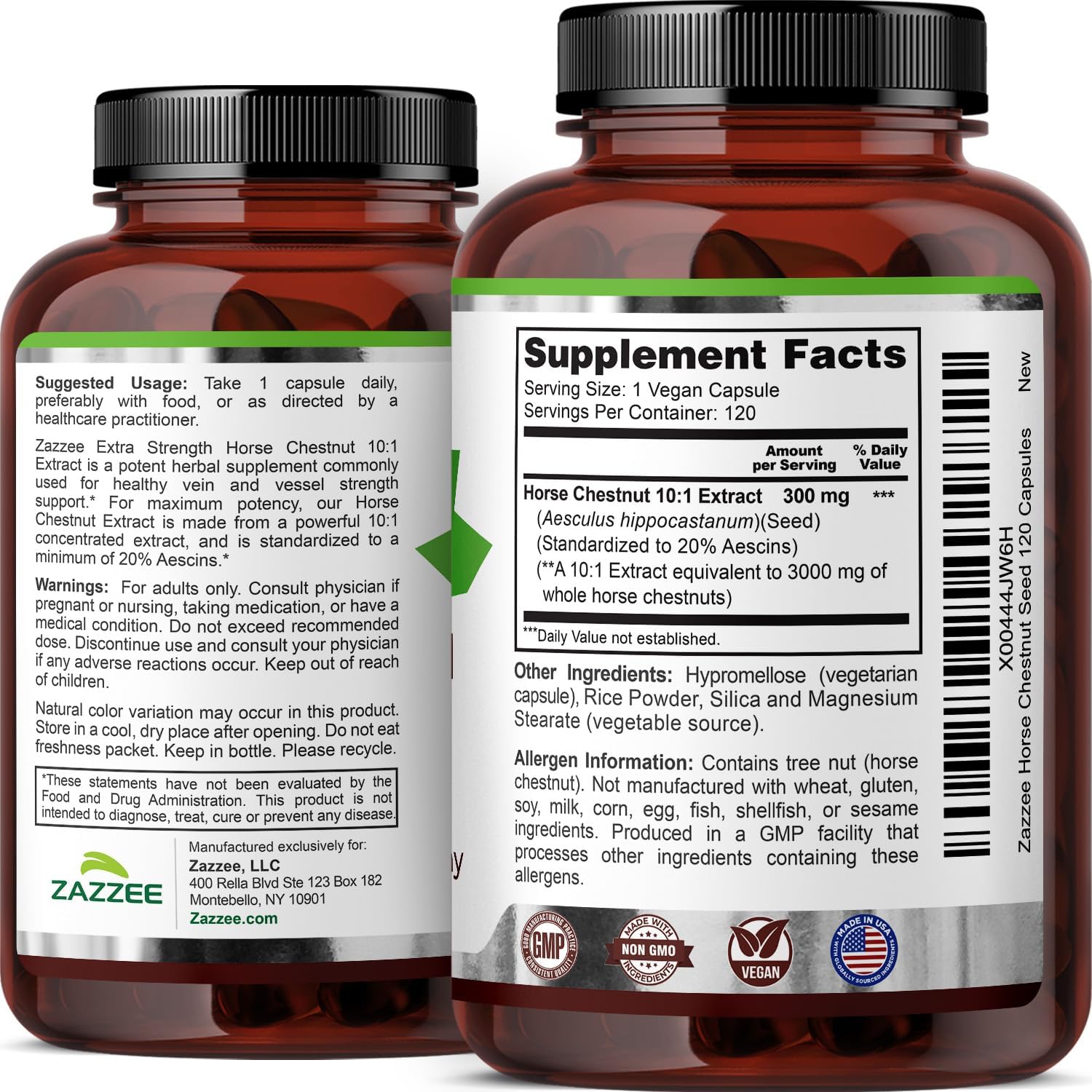 Zazzee Extra Strength Horse Chestnut 10:1 Extract, 20% Aescins, 120 Vegan Capsules, 4 Month Supply, Aesculus Hippocastanum, Healthy Circulation & Blood Flow Support, Non-GMO, Made in the USA